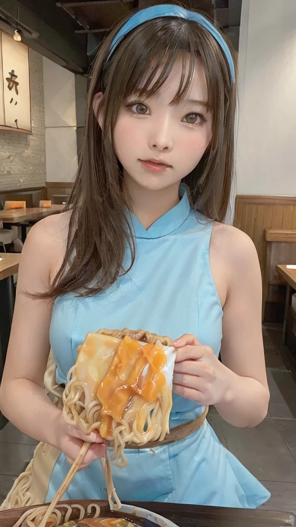 (8k, RAW Photo, Best Quality, Masterpiece: 1.3), breakone girl, (a beauty girl, delicate girl:1.3), (21 years old:1.5), break, (Blue going out dress:1.3), break, Extremely fine grain definition, (Symmetrical eyes:1.3), break, Small breasts, Brown eyes, Parted bangs, brown hair, girl, break, (Eye and facial details:1.3),break,smile, (Eating miso ramen at a restaurant:1.4),