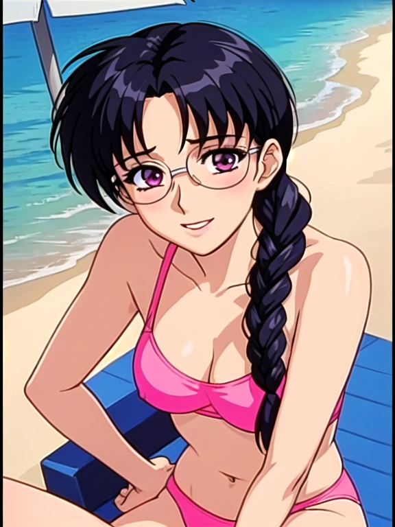 (masterpiece), (highest quality:1.0), (Ultra-high resolution:1.0),
,Beach, One girl, alone, ,View the viewer, Swimwear, arima_Ayumi,Long Hair,Black Hair,25-year-old woman, Single Pigtail,Pink Lip, Glasses,,1 braid,, smile,