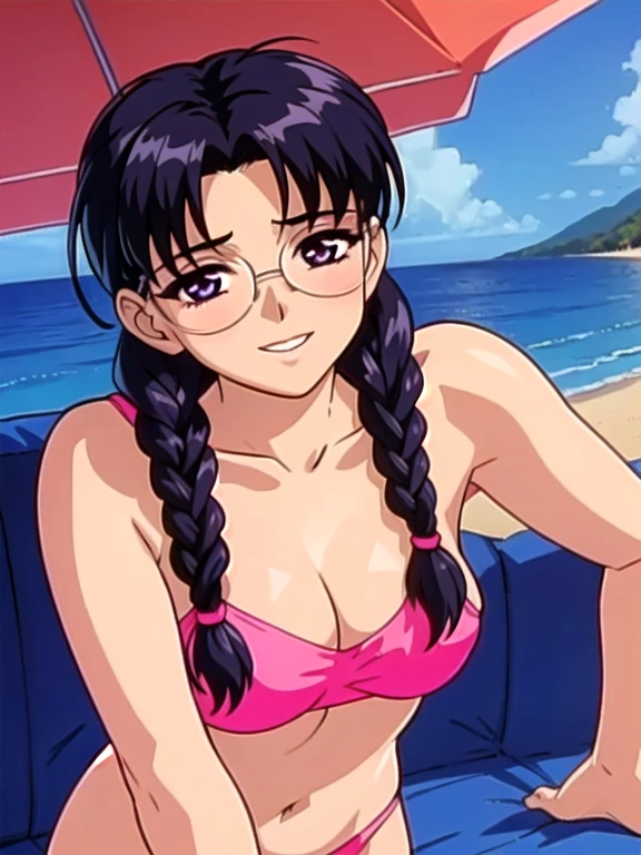 (masterpiece), (highest quality:1.0), (Ultra-high resolution:1.0),
,Beach, One girl, alone, ,View the viewer, Swimwear, arima_Ayumi,Long Hair,Black Hair,25-year-old woman, Single Pigtail,Pink Lip, Glasses,,1 braid,, smile,