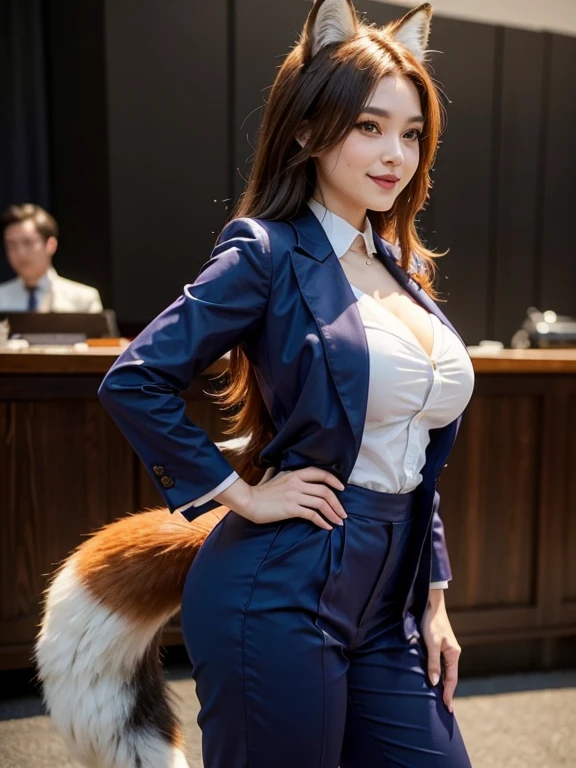 ((highest quality, 32k)), ((masterpiece)), (Familiar), Perfect Face, Fox Girl, Beautiful woman, public, Has a tail, She has a fluffy tail, She has a red fox&#39;s tail., She wags her tail, smile, bell collar, She is wearing a pantsuit, Beautiful Hips, Big Breasts, Big tail, A tail sticking out from a pantsuit, she turns around