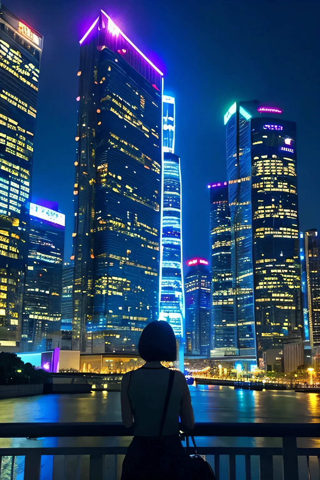 Shining skyscraper、Shine overall、skyscraper、Neon Digital Art　Palm Tree　highest quality