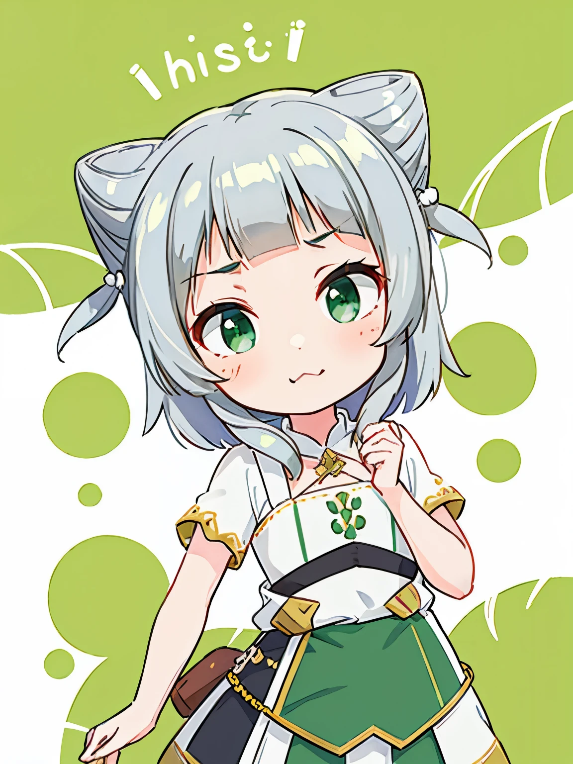 highest quality,  Green Eyes, Grey Hair, hair ornament, blunt bangs, double bun, Animal ears,Flat Chest,Chibi