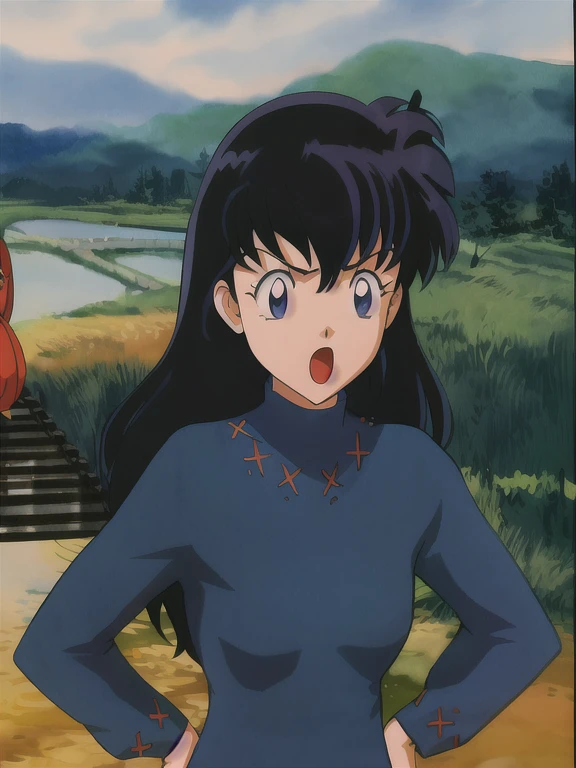 Anime girl with long black hair and a blue shirt standing in front of a river, rumiko, Hino Rei plays the princess, inspired by Rumiko Takahashi, by Rumiko Takahashi, Gainax Anime Style, Ghibli anime style, cheer up, Misato Katsuragi, Ghibli anime style style, Portrait of Reon Iwakura, kimagure orange road