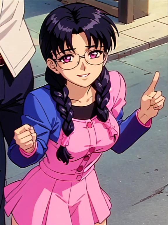 smile,View your viewers,A dark-skinned woman rolling up her skirt,suit,From below,street,arima_Ayumi,Long Hair,Black Hair,25-year-old woman, Single Pigtail,Pink Lip, Glasses,pink suit,1 braid, smile