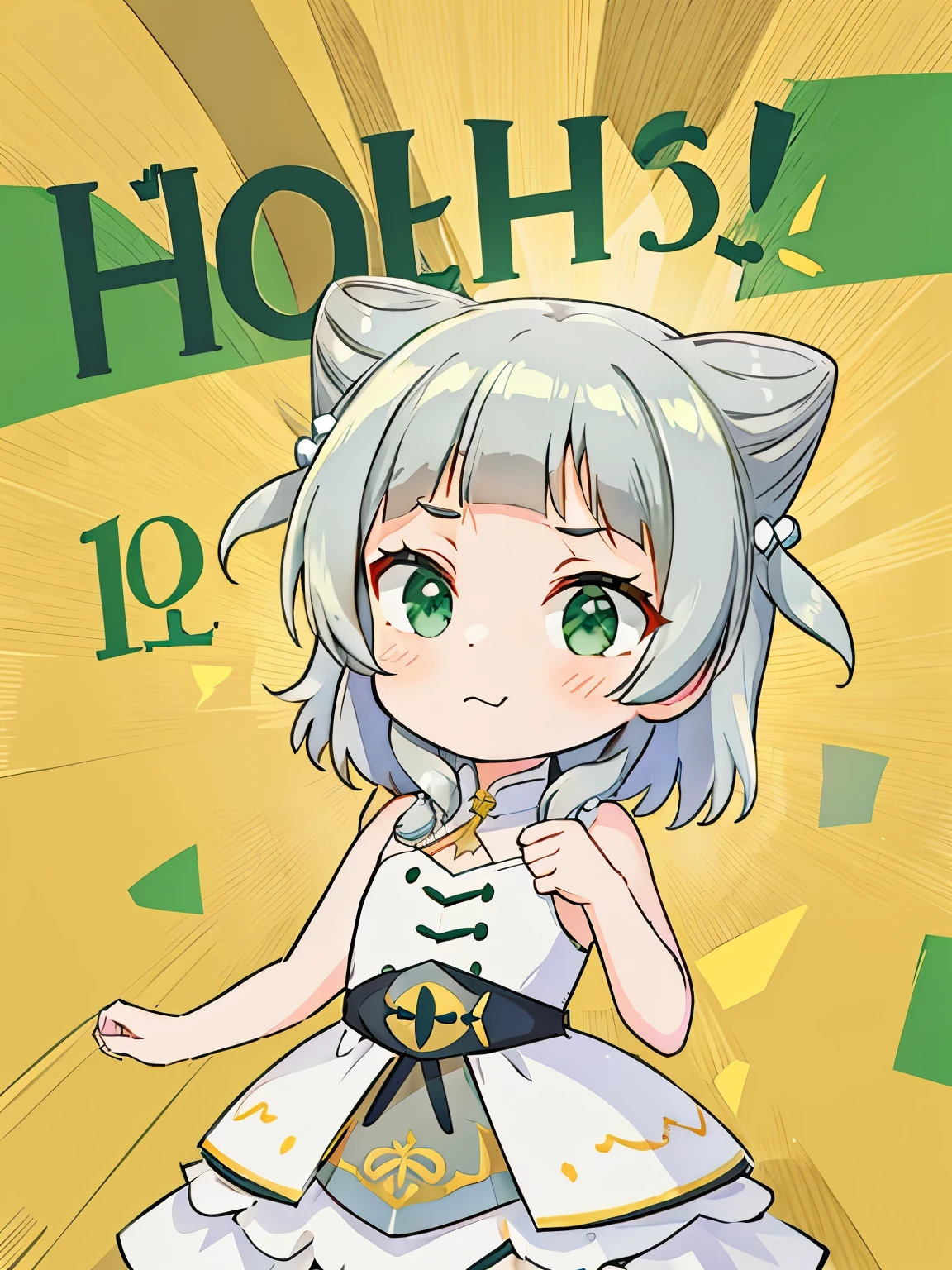 highest quality,  Green Eyes, Grey Hair, hair ornament, blunt bangs, double bun, Animal ears,Flat Chest,Chibi