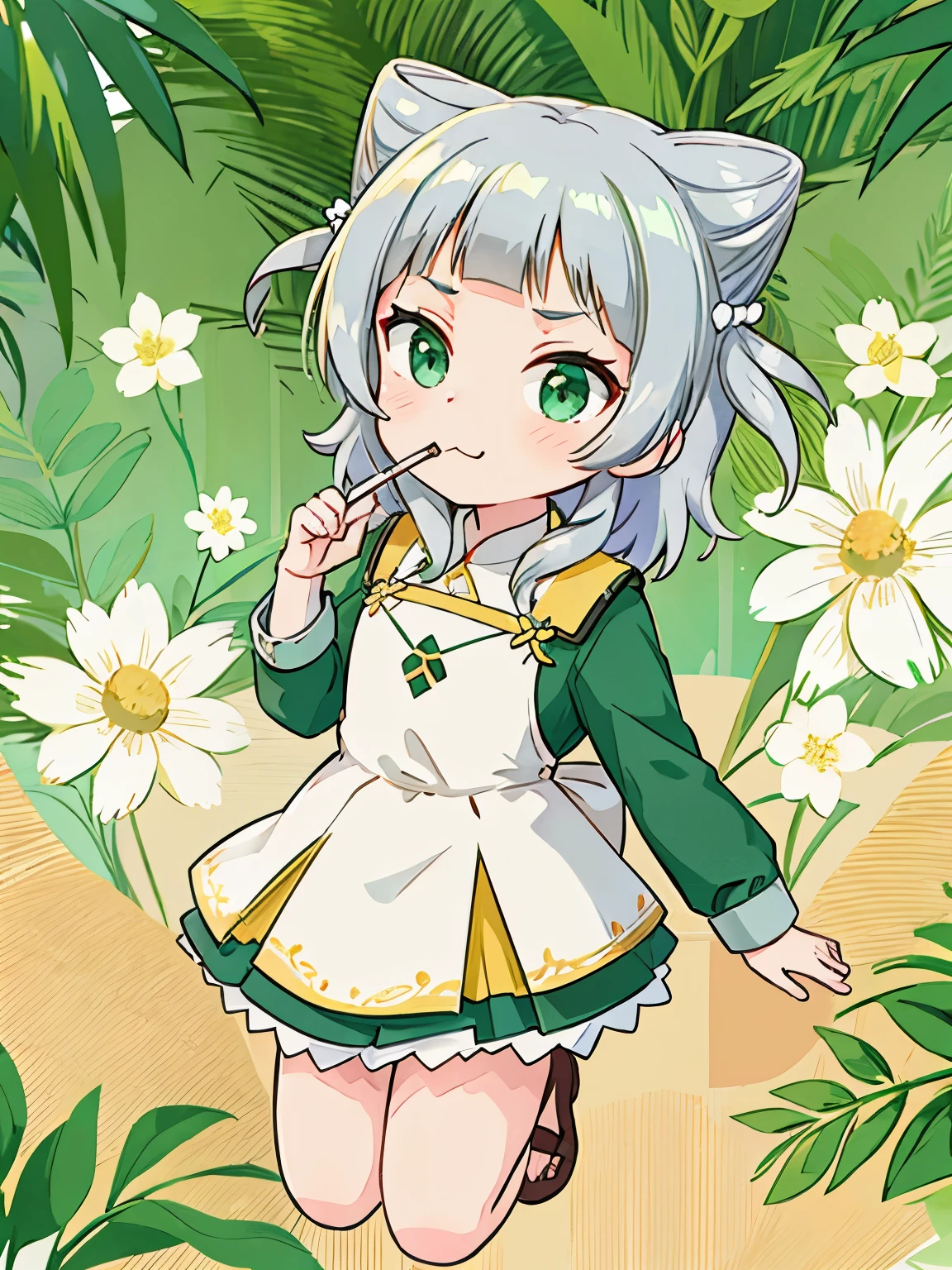 highest quality,  Green Eyes, Grey Hair, hair ornament, blunt bangs, double bun, Animal ears,Flat Chest,Chibi