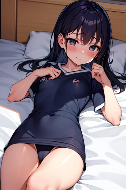 Wearing a soccer uniform with an embroidered logo、Cute junior high school girl with small breasts、Sweaty and looking happy、Her nipples are visible and protruding、Lying on the bed、Low - Angle、The uniform has an embroidered logo、indoor、One fingertip on the nipple、