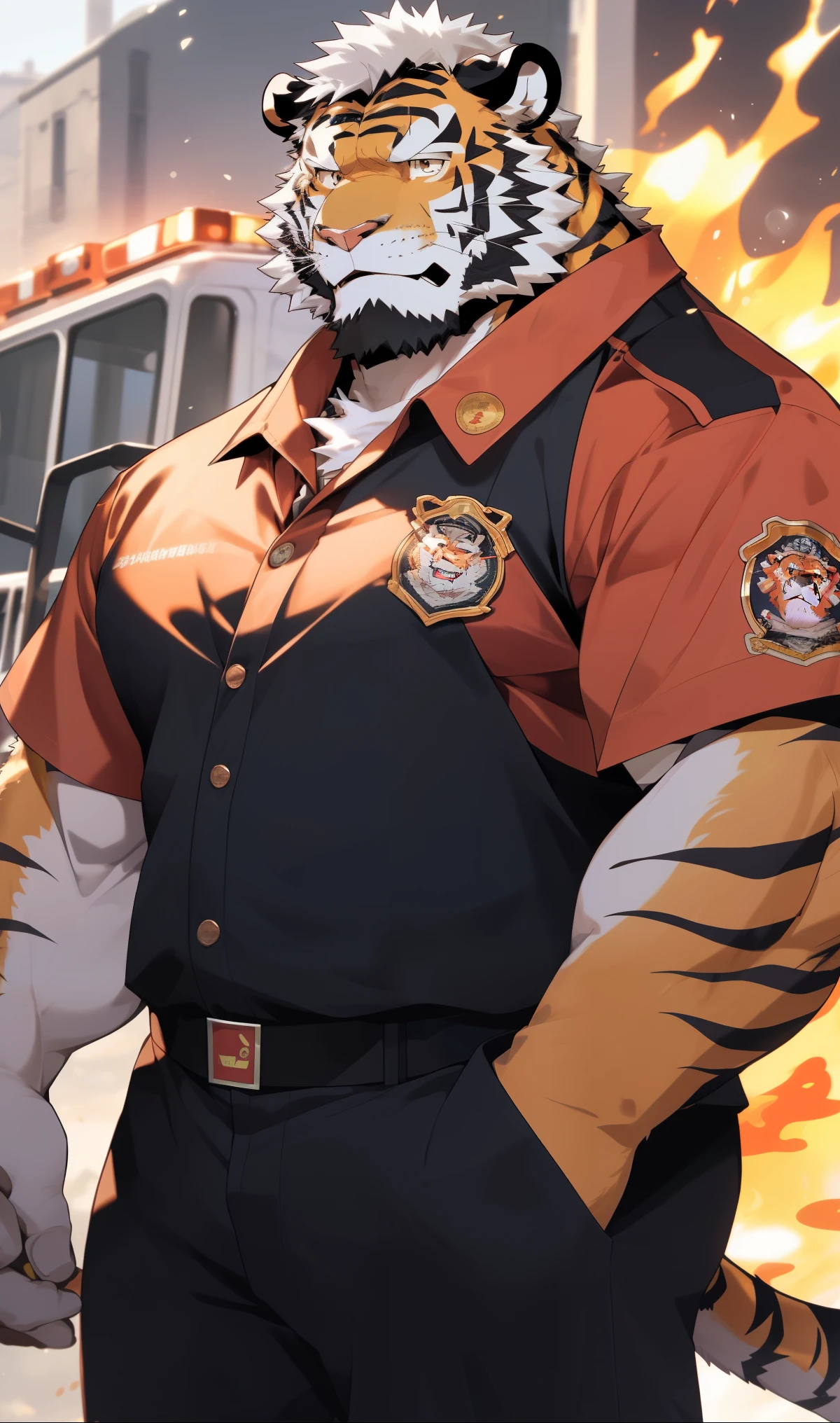 hairy，（tiger，橙色Firemen服装：1.3）beard，Golden fur，（standing in front of fire truck：1.3），Firemen，male，Common，full-body shot，real background，极其lifelike阴影，masterpiece，Very detailed，lifelike。