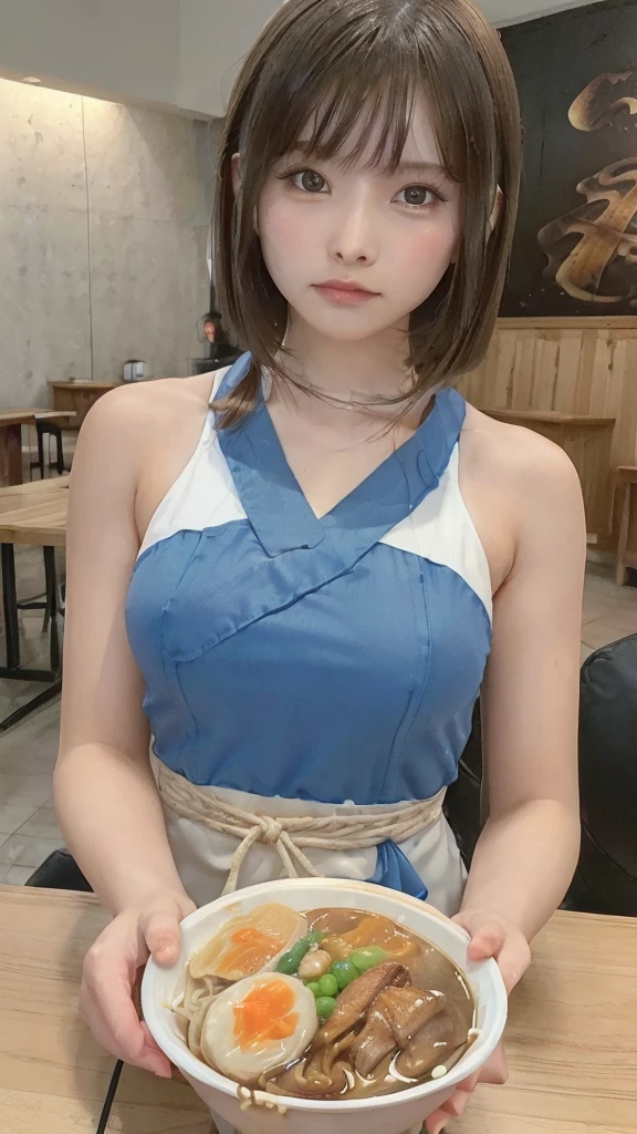 (8k, RAW Photo, Best Quality, Masterpiece: 1.3), breakone girl, (a beauty girl, delicate girl:1.3), (21 years old:1.5), break, (Blue going out dress:1.3), break, Extremely fine grain definition, (Symmetrical eyes:1.3), break, Small breasts, Brown eyes, Parted bangs, brown hair, girl, break, (Eye and facial details:1.3),break,smile, (Having miso ramen at a restaurant:1.4),