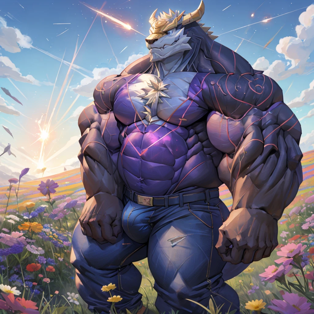 Solitary, male, , scale, Delicate face, Delicate eyes, muscular, Hypertrophy of chest muscles, Thick thighs, permanent, Solid color background,jeans，Flowers，grassland，Sky，meteor，，（Huge bulge：2），furry，，（corruption）