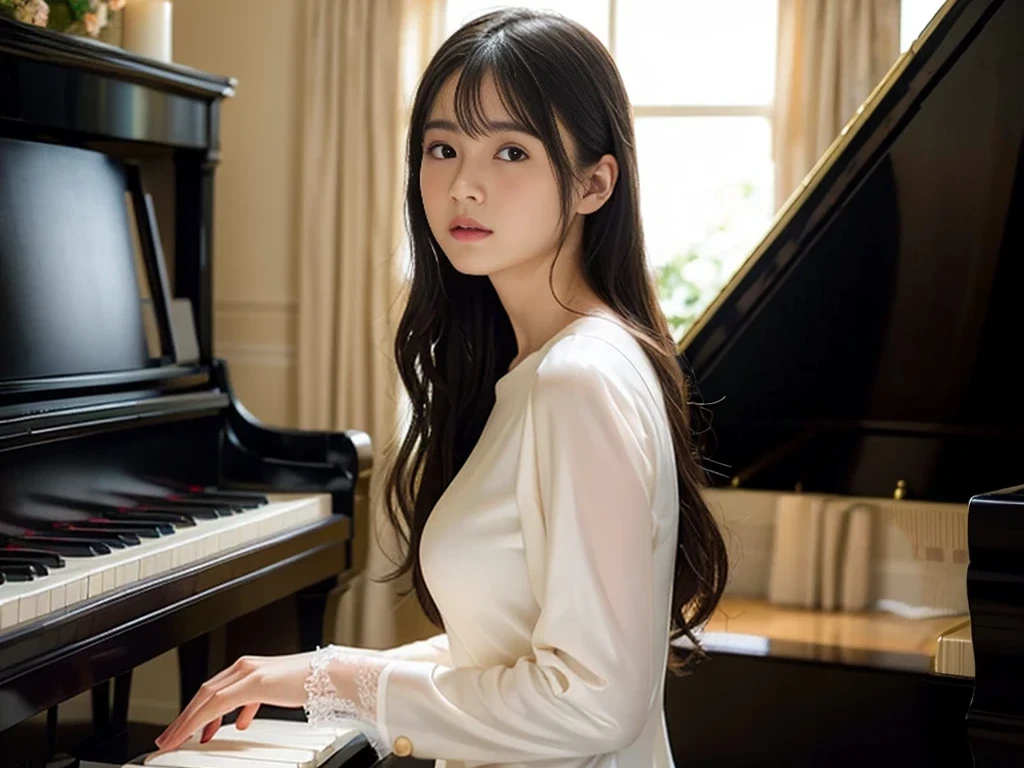 (( Behind the girl is a low table.There is a vase full of flowers on the table))(1 girl)、best quality、masterpiece、ultra high resolution、(Photo realism:1.4)、original photo、(1 girl facing black piano、Straight, black hair、Delicate hair details)、(a black piano、Girl fingers on piano keys、Delicate finger details)shadow、octane rendering、8K、Super sharp、(breast、long sleeve、White tulle、Portrait silk pajamas、Delicate silk details)、(Girl playing piano fingers、Very fine finger details)、realistic light、(There is only one piano in the practice room、girl shining eyes、Looking in the direction of the piano)、小LED、(Girl turning sideways towards the piano.Playing piano with hands on keys.Delicate details of fingers on piano keys)