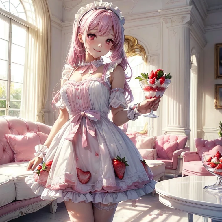 (8K, table top, highest quality, highest quality, official art, Breathtaking beauty and beauty, very detailed, The best masterpiece in history that exceeds limits, Breathtaking beautiful lighting:1.2), (1 Absolute beautiful Girl, alone:1.5), 16 years old, (glossy white skin), break (pink princess hair, bangs:1.3), (adorable big pink eyes, drooling eyes:1.5), break (Breathtaking beautiful Sweet Lolita Idol Ensemble, Sweet lolita style pastel blue dress, Decorated with lace and ribbon details, swollen, A knee-length skirt that gives off a playful and girly look., Add a touch of ruffles with decorative ribbon and lace trim:1.3), (bust:1.3), (Smile, beautiful smile, gentle smile, cute smile, An innocent smile like an angel:1.2), (Charm, wonderful, beautiful, elegant, Gorgeous, grow, eye-catching, Ultimate beauty, Supreme beauty, The finest beauty, elegant, beauty, elegant, I love you all, beauty that fascinates everyone, I was healed, The highest level of perfected beauty, cute like an idol, Stylish like a fashion model, grace like a goddess, Beloved, cute, adorable, look at the camera, cute pose, Happy), break (Strawberry parfait in a large glass, White luxury cafe, white table, white sofa:1.5),