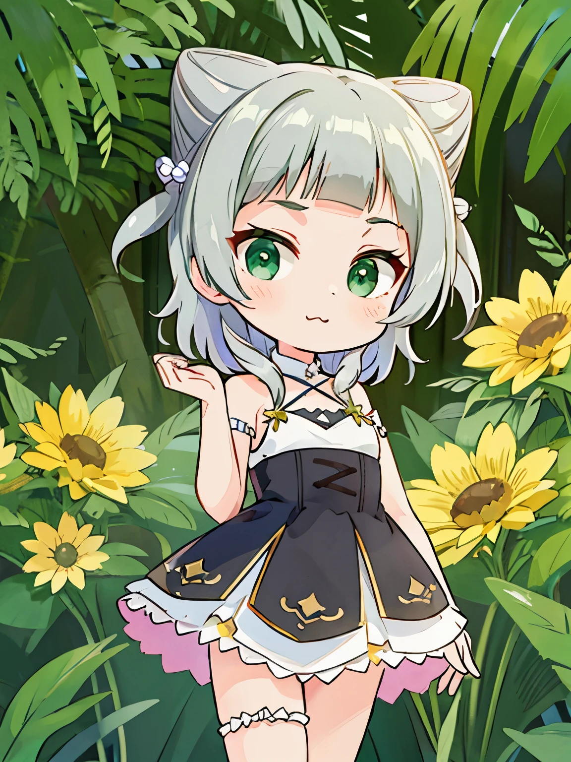 highest quality, Green Eyes, Grey Hair, hair ornament, blunt bangs, double bun, Animal ears,Flat Chest,Chibi