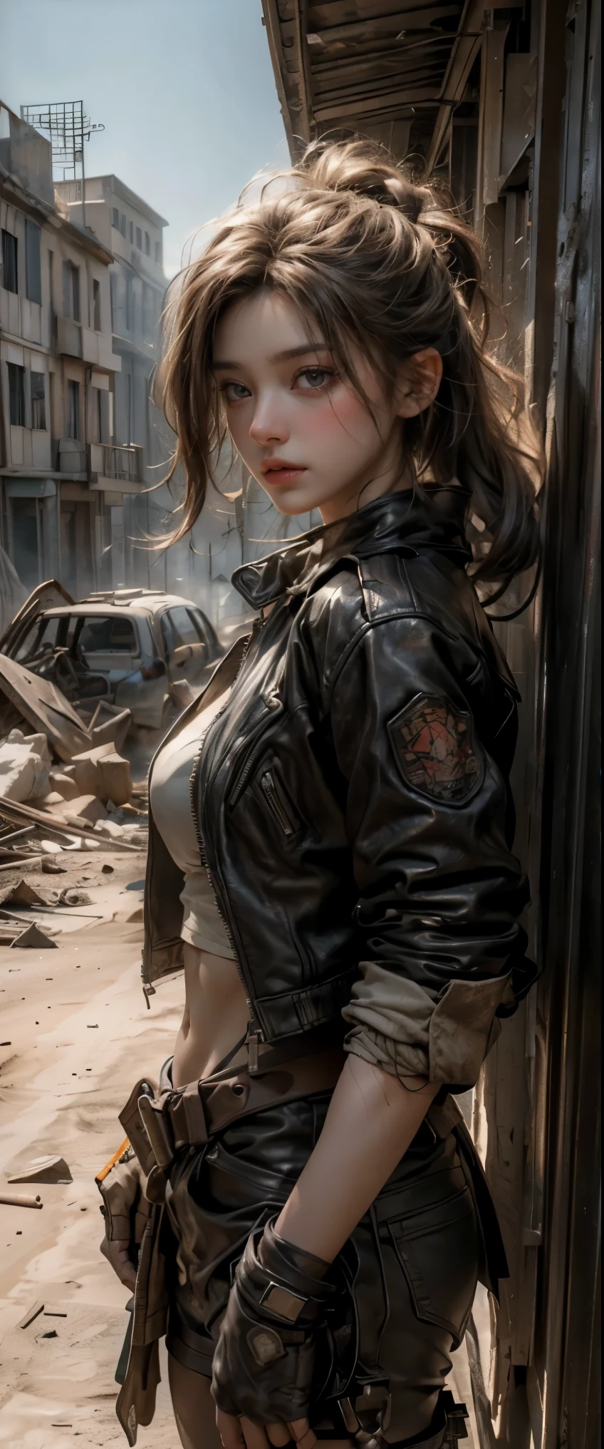 ((masterpiece, highest quality, Highest image quality, High resolution, photorealistic, Raw photo, 8K)), ((Extremely detailed CG unified 8k wallpaper)), Post-Apocalyptic Wasteland, The world of Mad Max, she wears a leather jacket over his bare skin and holds a shotgun, ((adderskin eye patch)), Collapsed buildings are being swallowed by the desert, Ruins hazed with dust and sand,