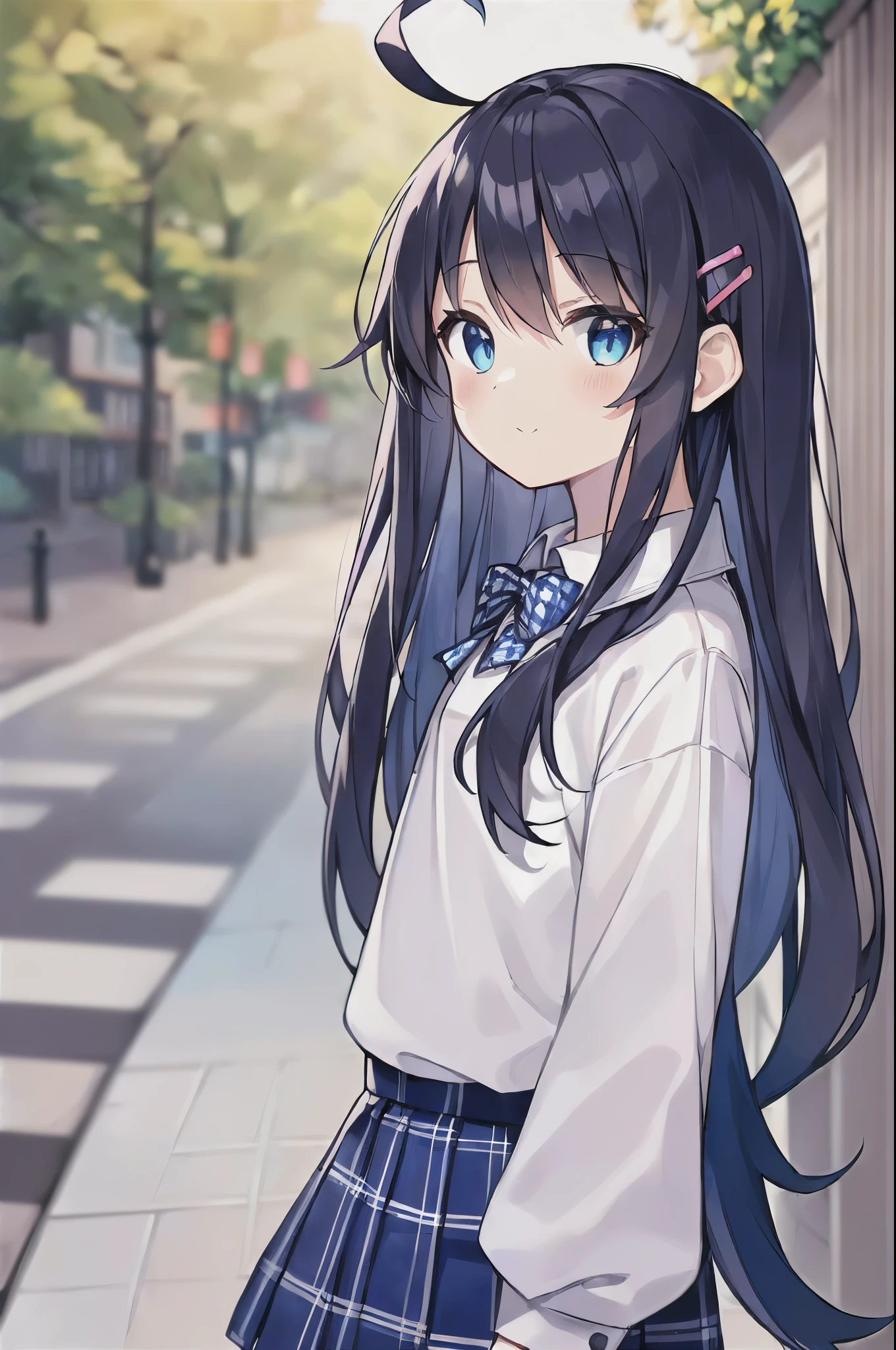 (((masterpiece))) (((highest quality))), (((beautiful))), (((8k))), (((High resolution))), (((Superb illustrations))), (((Moe anime style))), (1 girl:1.3), (child:1.5), (upon:1.2), (Dark blue straight long hair:1.3), (very long, Dark blue sideburns), (Very wide parted dark blue bangs:1.3), (Simple hair clip:1.4), (Ahoge:1.4), (Small blue eyes:1.2), (Slightly droopy eyes:1.3), (Super thick and super long sideburns:1.1), (Ultra-flat chest:1.4), (Very small breasts:1.4), (Laughter:1.3), (Super cute pure white blouse:1.5), (Super cute light blue checkered pleated skirt:1.5), (Cowboy Shot:1.3), (Walk along the city's tree-lined streets:1.4)