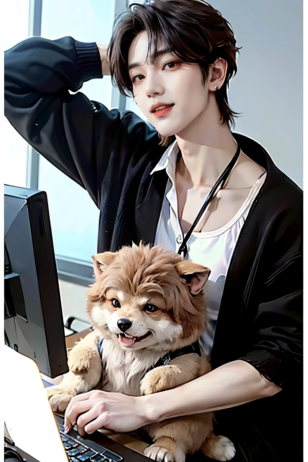 ((4K workasterpiece、(highest quality)、((High level image quality))、((One Manly Boy))、Because I'm slender、black cardigan、((Men's Fashion))、(detailed beautiful eyes)、In a fashionable city、working on a pc in the office、Face similar to Chaewon in Ruseraphim、((Short hair over the ears))、((face becomes smaller))、((neutral face))、((light brown eyes))、((Korean boy))、((18-year-old))、((Handsome guy))、((Teeth and smile expression))、((korean makeup))、((long and sharp eyes))、((photo of a model))、((Like a celebrity))、professional photos、black cardigan、wolf cut、The neckline is longer