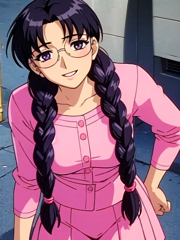 smile,View your viewers,A dark-skinned woman rolling up her skirt,suit,From below,street,arima_Ayumi,Long Hair,Black Hair,25-year-old woman, Single Pigtail,Pink Lip, Glasses,pink suit,1 braid, smile