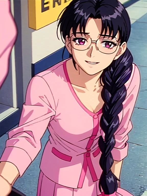 smile,View your viewers,A dark-skinned woman rolling up her skirt,suit,From below,street,arima_Ayumi,Long Hair,Black Hair,25-year-old woman, Single Pigtail,Pink Lip, Glasses,pink suit,1 braid, smile