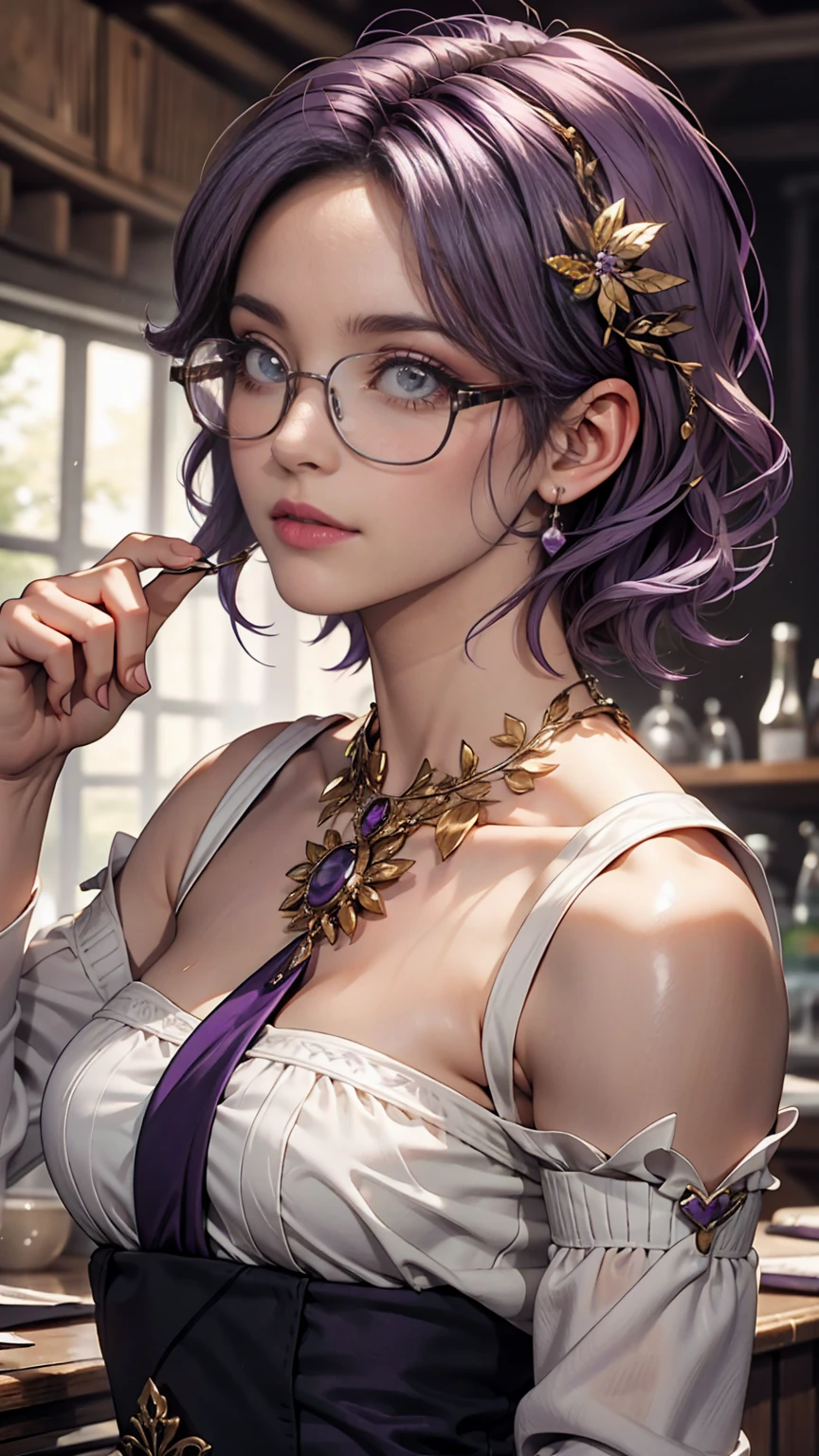 One girl, Mature Woman, masterpiece, spouse, goddess,short hair ,((Purple Hair)),Glasses