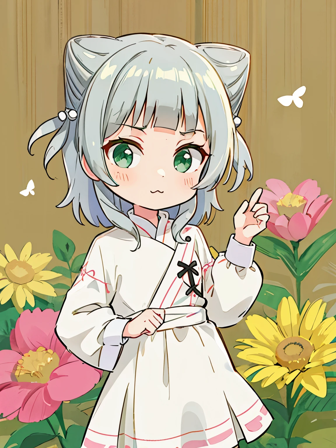 highest quality, Green Eyes, Grey Hair, hair ornament, blunt bangs, double bun, Animal ears,Flat Chest,Chibi