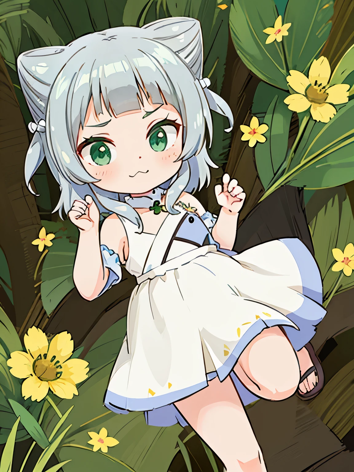 highest quality, Green Eyes, Grey Hair, hair ornament, blunt bangs, double bun, Animal ears,Flat Chest,Chibi