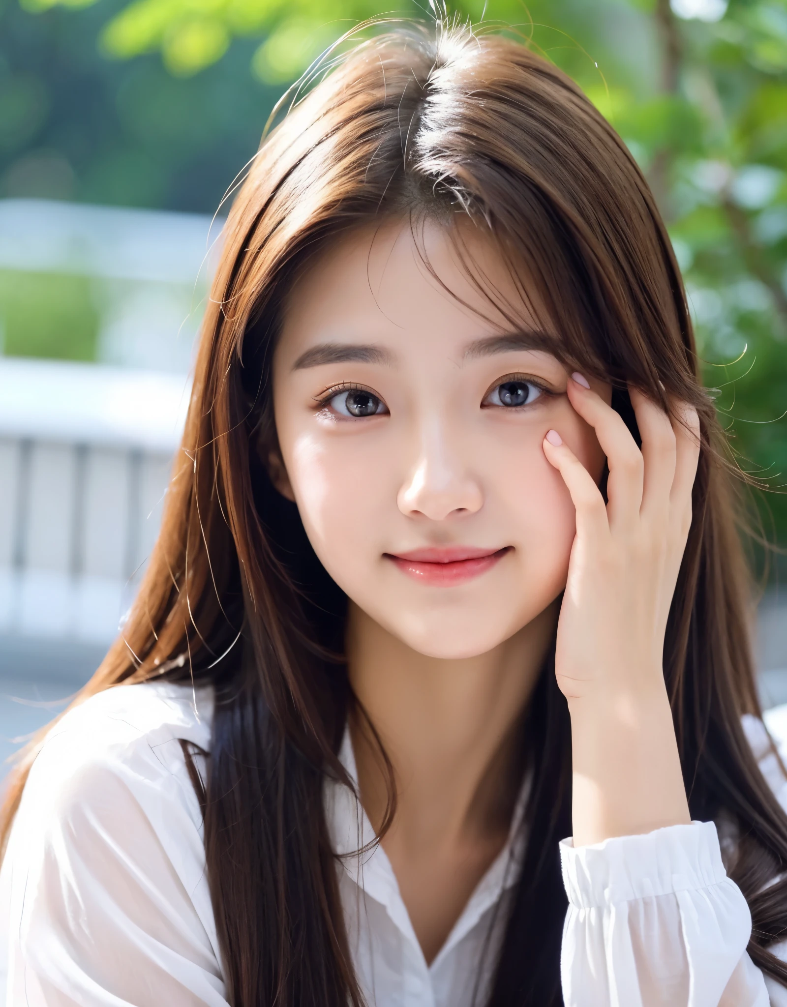 ((best quality)), ((masterpiece)), (detailed), perfect face, korean girl, Beautiful beauty, Sad but smiling face, long hair, Big, pretty eyes, gorgeous appearance