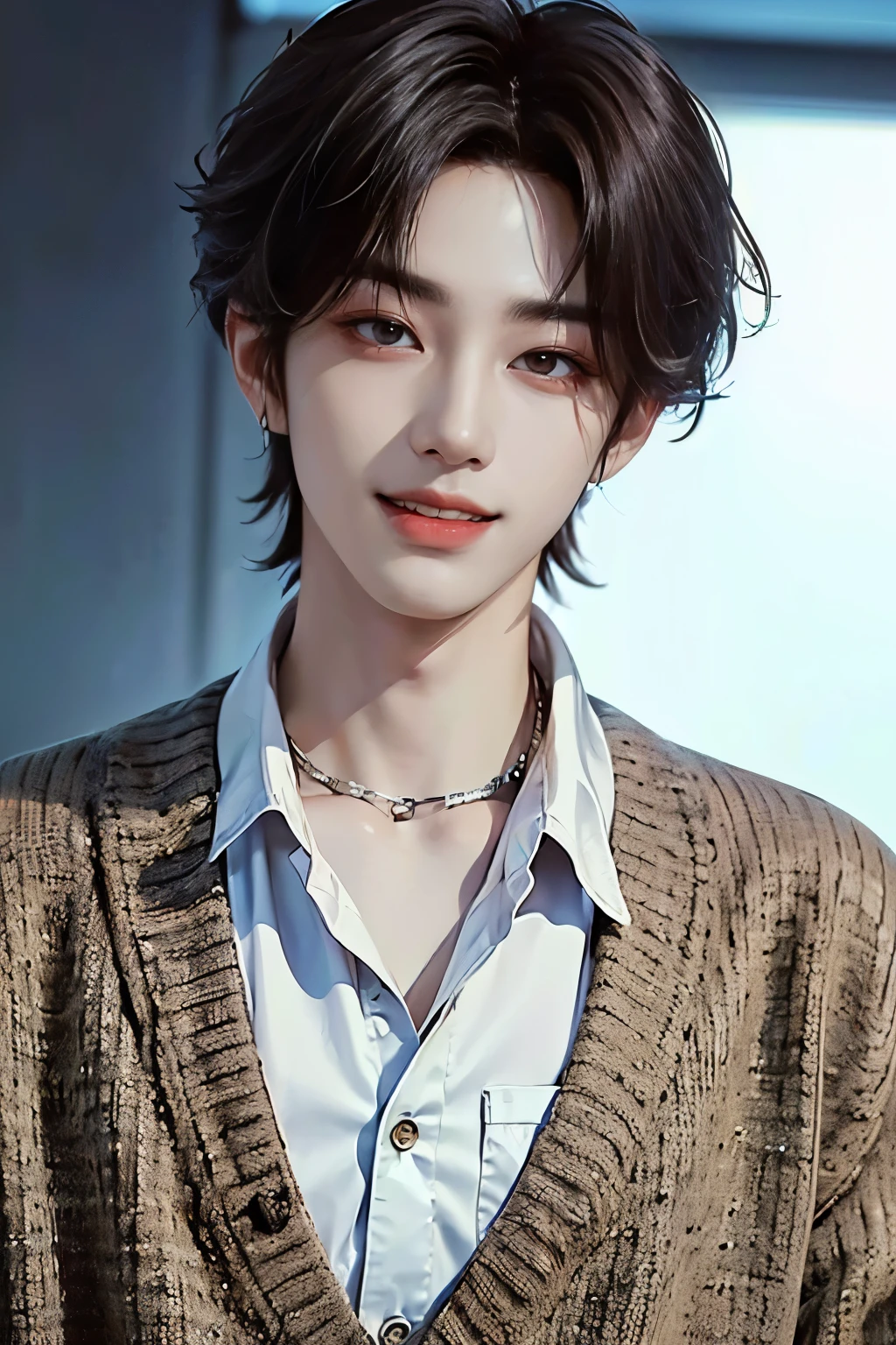 ((4K workasterpiece、(highest quality)、((High level image quality))、((One Manly Boy))、Because I'm slender、black cardigan、((Men's Fashion))、(detailed beautiful eyes)、In a fashionable city、working on a pc in the office、Face similar to Chaewon in Ruseraphim、((Short hair over the ears))、((face becomes smaller))、((neutral face))、((light brown eyes))、((Korean boy))、((18-year-old))、((Handsome guy))、((Teeth and smile expression))、((korean makeup))、((long and sharp eyes))、((photo of a model))、((Like a celebrity))、professional photos、black cardigan、wolf cut、The neckline is longer