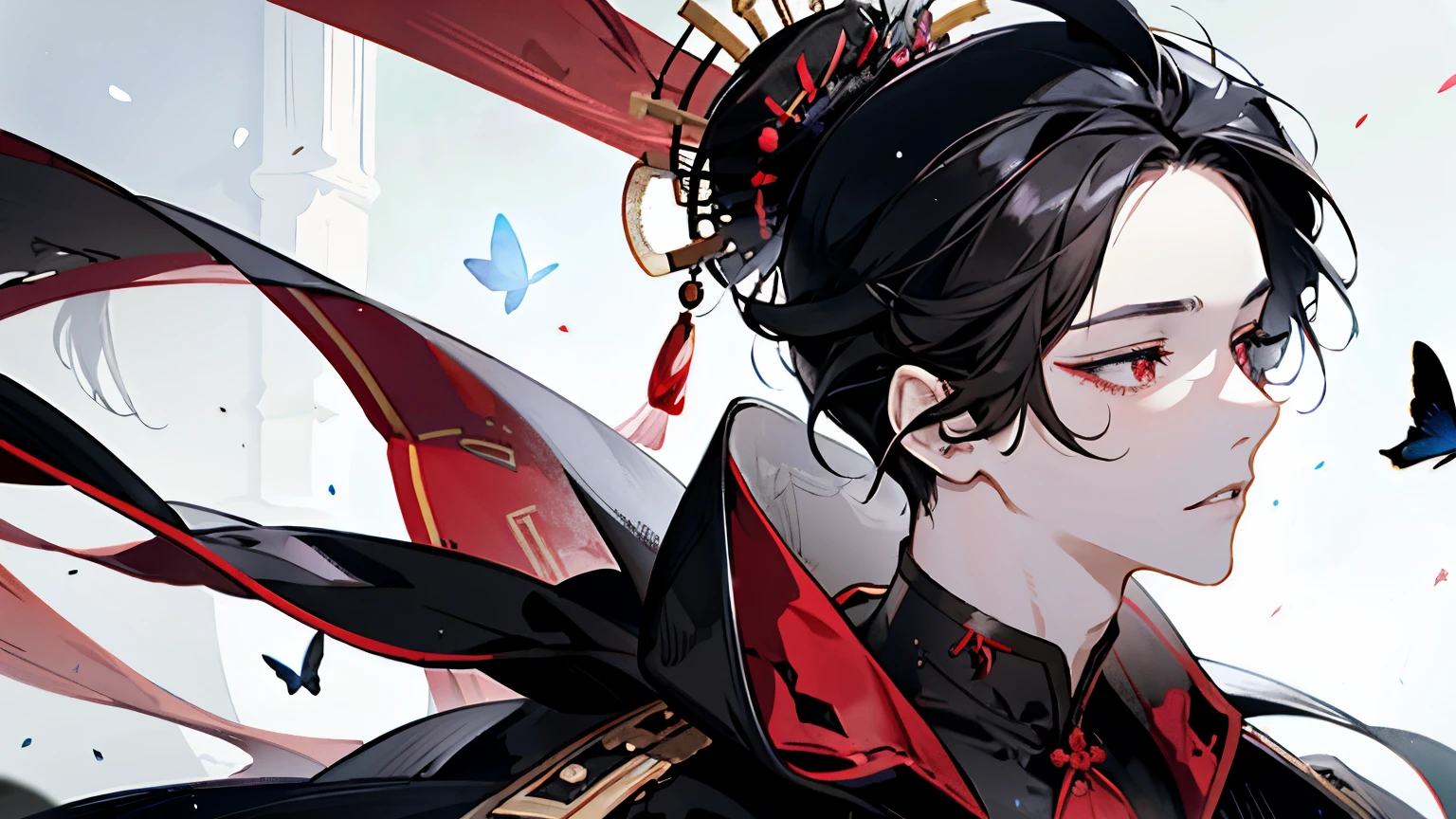 A boy about 16 years old,Red, white and black costume reminiscent of ancient Chinese priests,A butterfly that shines like a crystal々,Long black hair,Hair tied to one side,smile,A fantastic atmosphere,Starlight Background