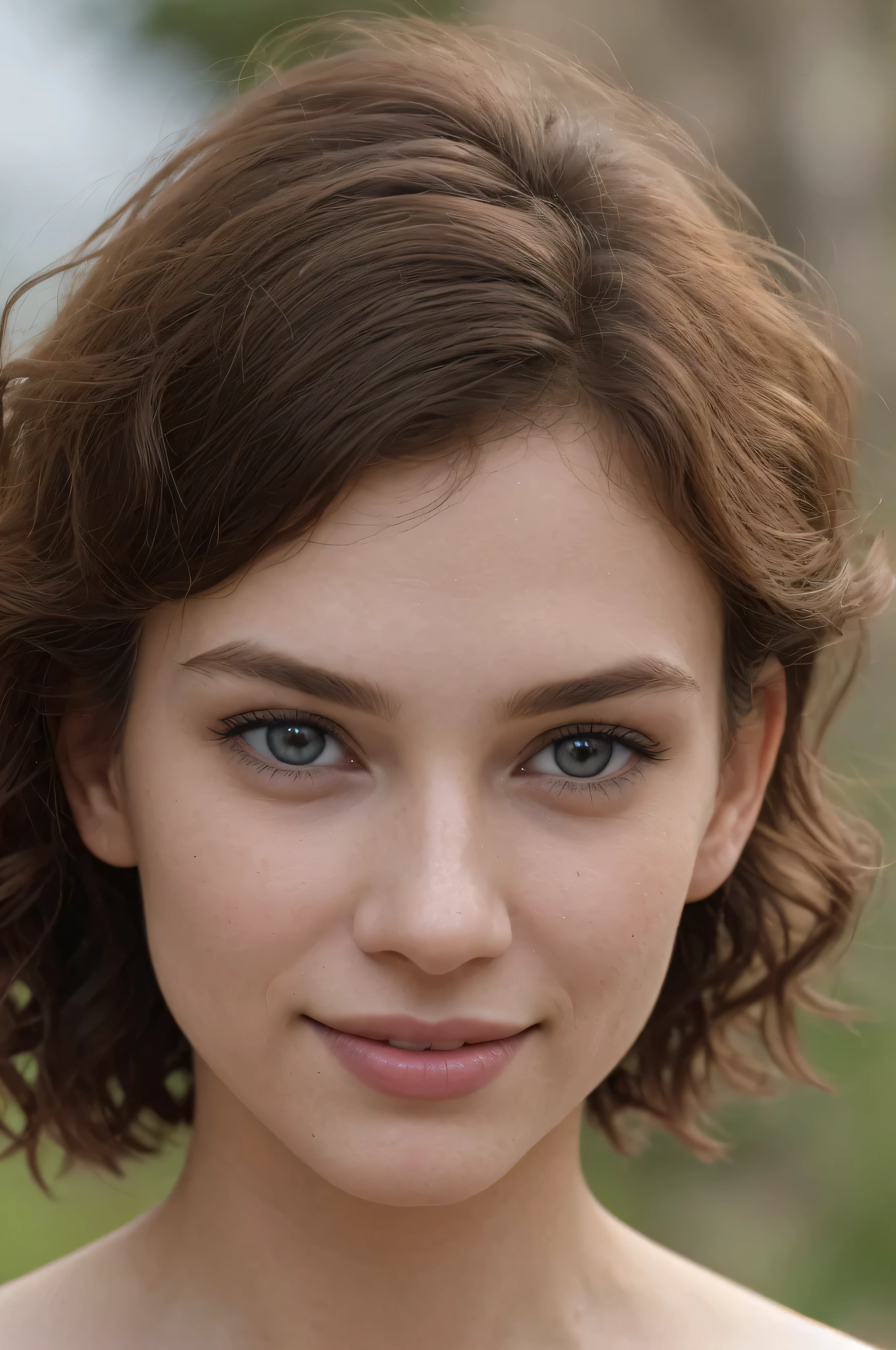 close-up on the face, blurred background. Breathtaking cinematic photo of a 24 year old girl with brown hair and blue eyes, happy face, smile, cheerful, content, beautiful teeth, beautiful lips, intricate details, shallow depth of field, highly detailed, high-budget Hollywood film, epic, beautiful, masterpiece, award-winning, professional, highly detailed, detailed skin texture, (blush: 0.5), (goosebumps: 0, 5). (the most beautiful woman in the world) (brown hair) (short curly hair, unruly hair, stylish cut) thin face, thin nose, beautiful, very beautiful, perfect face, slender body (slender), (brown hair) (blue eyes) (white skin) Beautiful body, western face, predatory eyes, pink lips, thick thighs. full body, western beauty, thin nose, beautiful, perfect, ((best quality)), ((ultra resolution)), ((photorealistic: 1.4)), (intricate details), perfect face, makeup: 1.5 , clear face, facial details. Front view, nude, nsfw, full breasts revealed, long hard nipples, medium breasts, D-cup