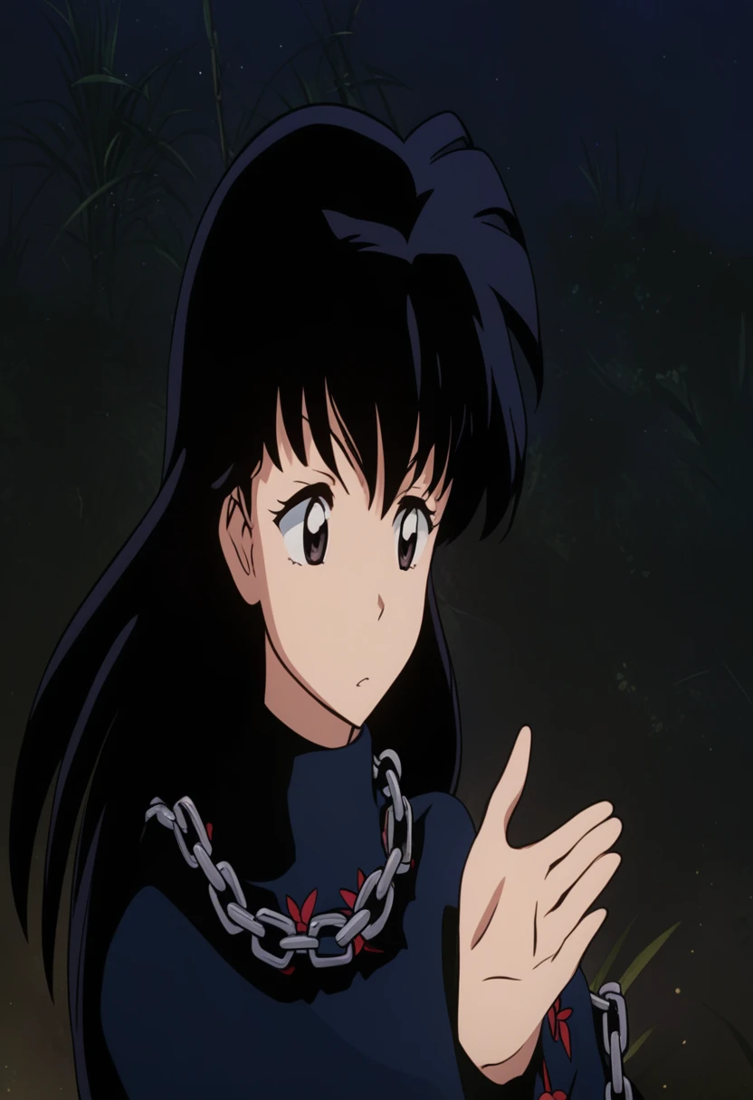 Anime girl with long black hair and a chain around her neck, Close-up of Rei Iwakura, rumiko, Hino Rei plays the princess, Portrait of Reon Iwakura, lain iwakura, iwakura lain, Gainax Anime Style, Another close-up of Iwakura, Another close-up of Iwakura, Misato Katsuragi