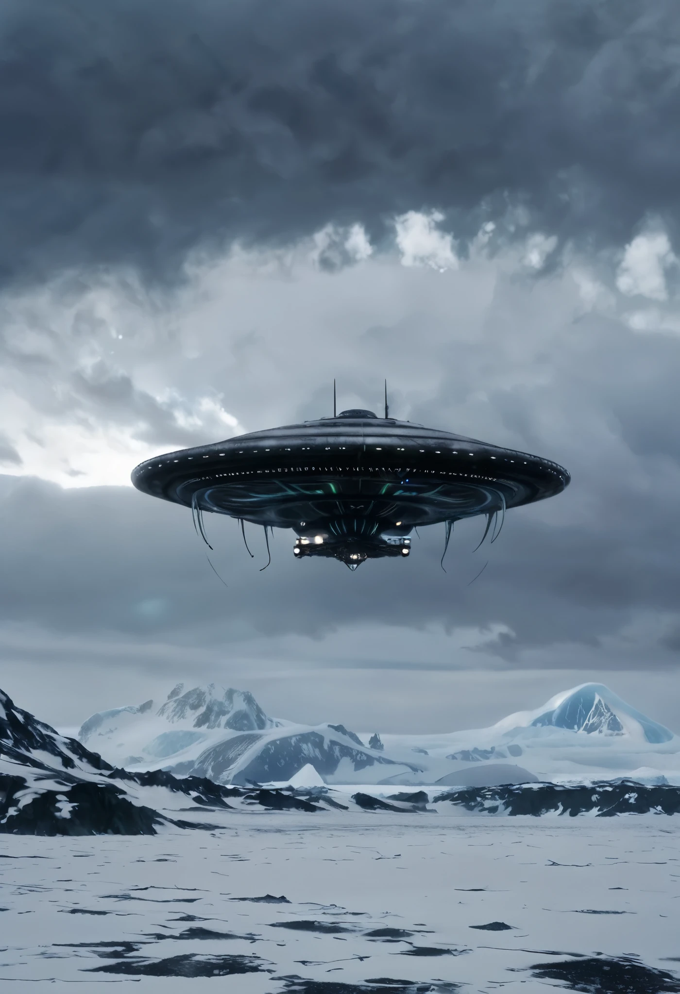 An alien stranded with his ship destroyed in the middle of Antarctica and in the sky very gray clouds because there is a snow storm but in the distance and above the clouds a light is opening that it is a flying saucer, a rescue ship to rescue that alien that alien in 4k HD image super realistic first person view ((( alien erizo))) (((rescate))))