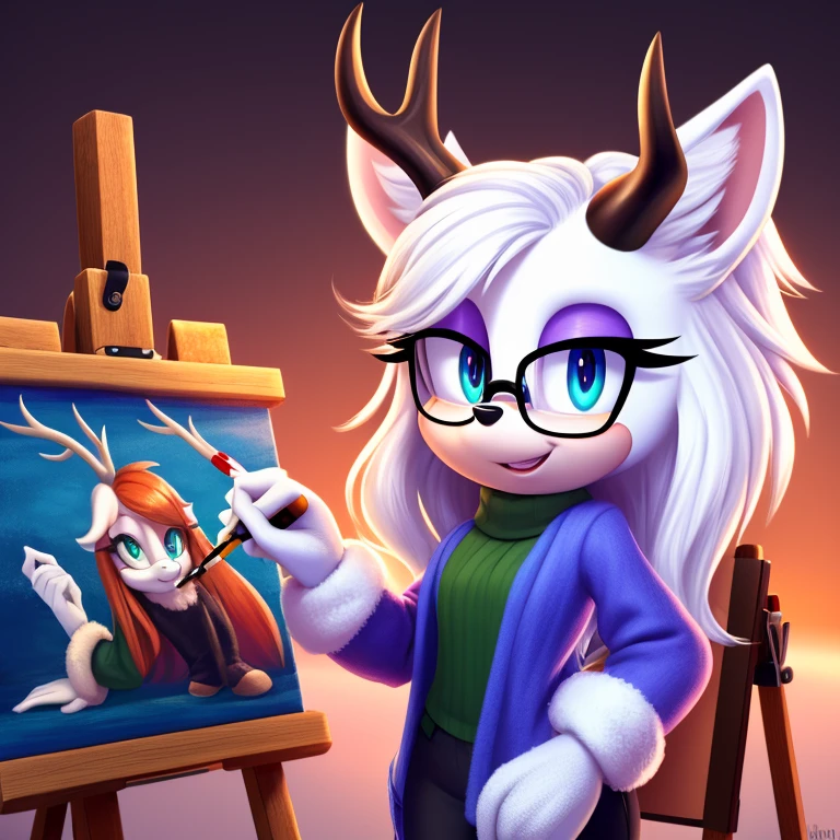 wendigo mobian, white hair, long hair, glasses, brown stag horns, aqua eyes, 4k, blue cardigan, white ears, easel, paintbrush