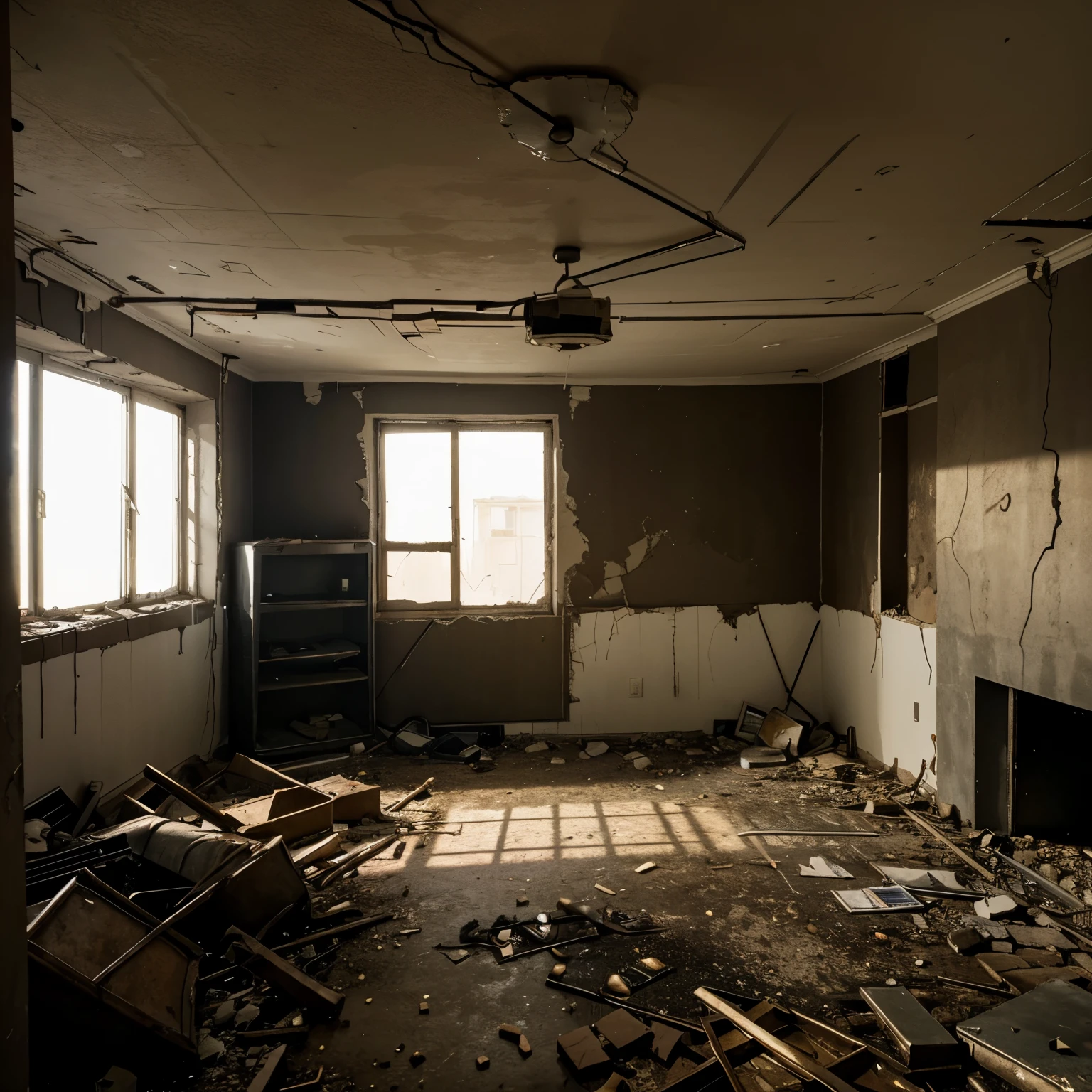 interior of a room destroyed in a post apocalyptic event