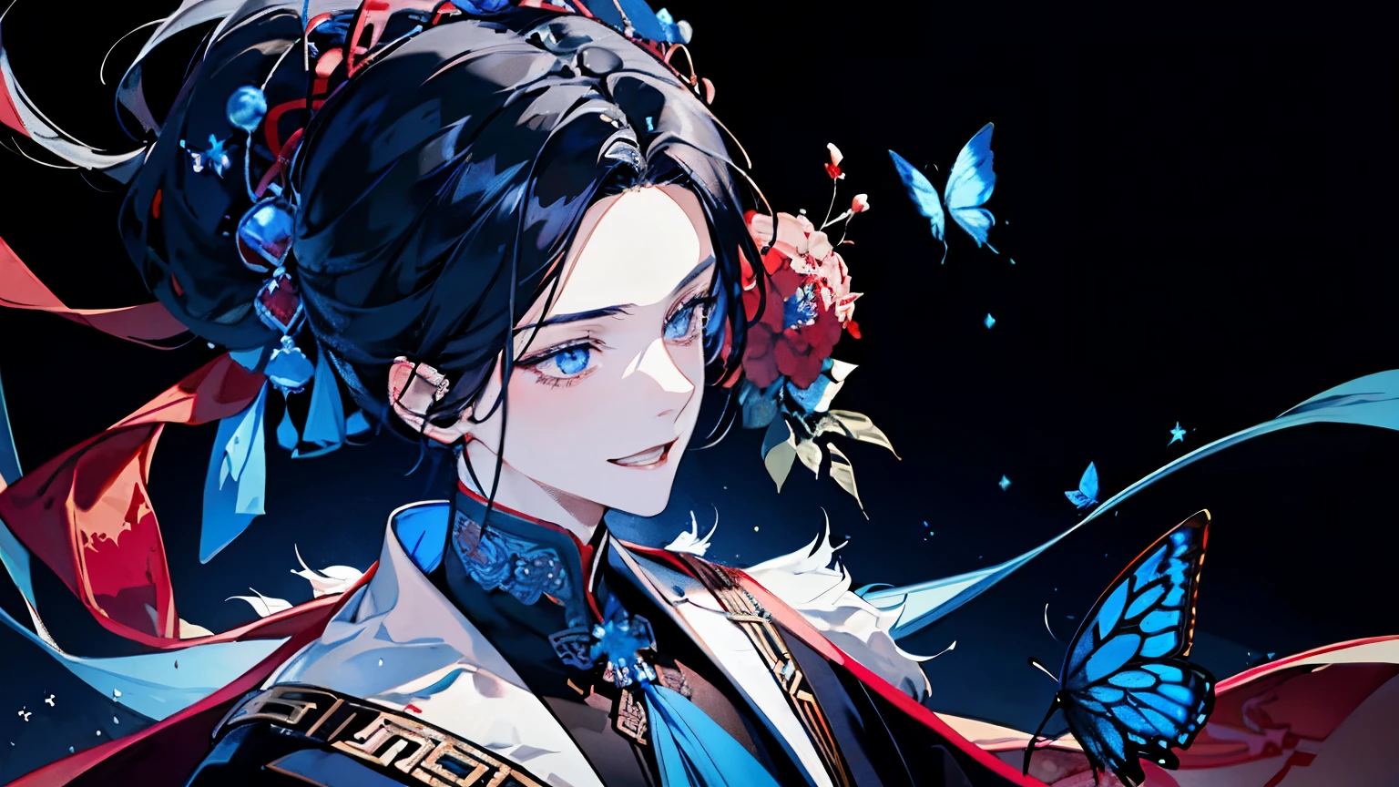 A boy about ,Red, white and black costume reminiscent of ancient Chinese priests,((Crystal blue butterfly々)),Long black hair,Hair tied to one side,smile,A fantastic atmosphere,(Starlight Background)