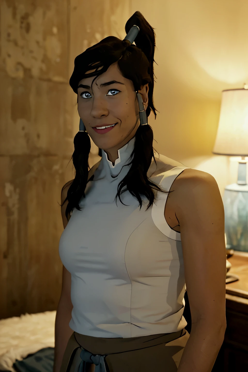 High-resolution portrait photograph of a young woman with chestnut brown, medium-length hair styled in a casual manner. Her complexion is fair with a subtle warm undertone, flawless and exhibiting a natural glow. She has a serene and composed expression with a slight, confident smile. Her eyes are a blue, the legend of korra, masterpiece, best quality, cowboy shot, solo, 1girl, korra, female, smile, looking at viewer, ponytail, hair tubes, sleeveless, bare shoulders framed by long, curled lashes coated with black mascara, and her eyebrows are neatly groomed and naturally arched. The woman's nose is elegantly slender, complementing her full lips. She dons a minimalist, solid-colored top, which suggests a relaxed yet stylish appearance. The background is a soft, uniform light beige, providing a neutral backdrop that accentuates her features. The lighting is soft and diffused, mimicking the gentle illumination of the golden hour, which enhances the contours of her face and adds depth to the photograph.