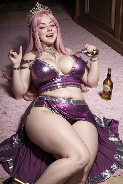 very fat mature lady, in arabian sequin dress, long pink hair, big fat belly, squinting eyes, bottle of vodka in her hand, lying on the floor, head looking skyward, wasted, dead drunk, drunk facial expression, swaying drunkenly, no balance, drunk, drugged, sedated, huge , slutty, swaying drunkenly, exaggerated swaying, drunken stupor, even more drunk, as drunk as possible, drunker!!!!, massive , hands into her panties , drunkest women ever, thinks you're sexy, slumped, seedy slutty unbutton pink blouse, drunken stupor, unable to stand, stupid, happy drunk expression, slumping, wobbling, losing balance, drunken zombie-like posture, blue drunk eyes, slumping, limp, crazy, laughing drunkenly, in a bar