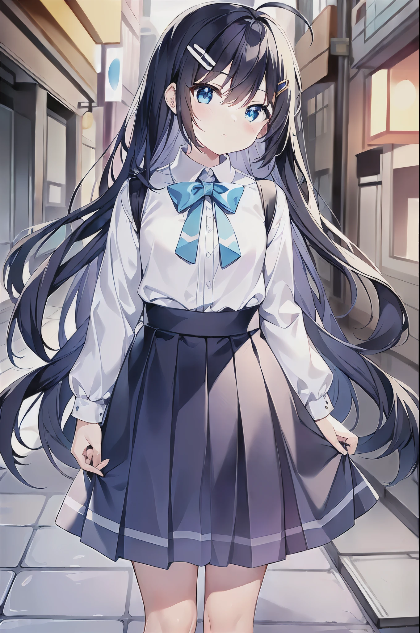(((masterpiece))) (((highest quality))), (((beautiful))), (((8k))), (((High resolution))), (((Superb illustrations))), (((Moe anime style))), (1 girl:1.3), (child:1.5), (upon:1.2), (Dark blue straight long hair:1.3), (very long, Dark blue sideburns), (Very wide parted dark blue bangs:1.3), (Simple hair clip:1.4), (Ahoge:1.4), (Small blue eyes:1.2), (Slightly droopy eyes:1.3), (Super thick and super long sideburns:1.1), (Ultra-flat chest:1.4), (Very small breasts:1.4), (Laughter:1.3), (Super cute pure white blouse:1.5), (Super cute light blue checkered pleated skirt:1.5), (Cowboy Shot:1.3), (Standing on a tree-lined street in the city:1.4), (Leaning forward:1.6), (Look up:1.6), (From before:1.4)