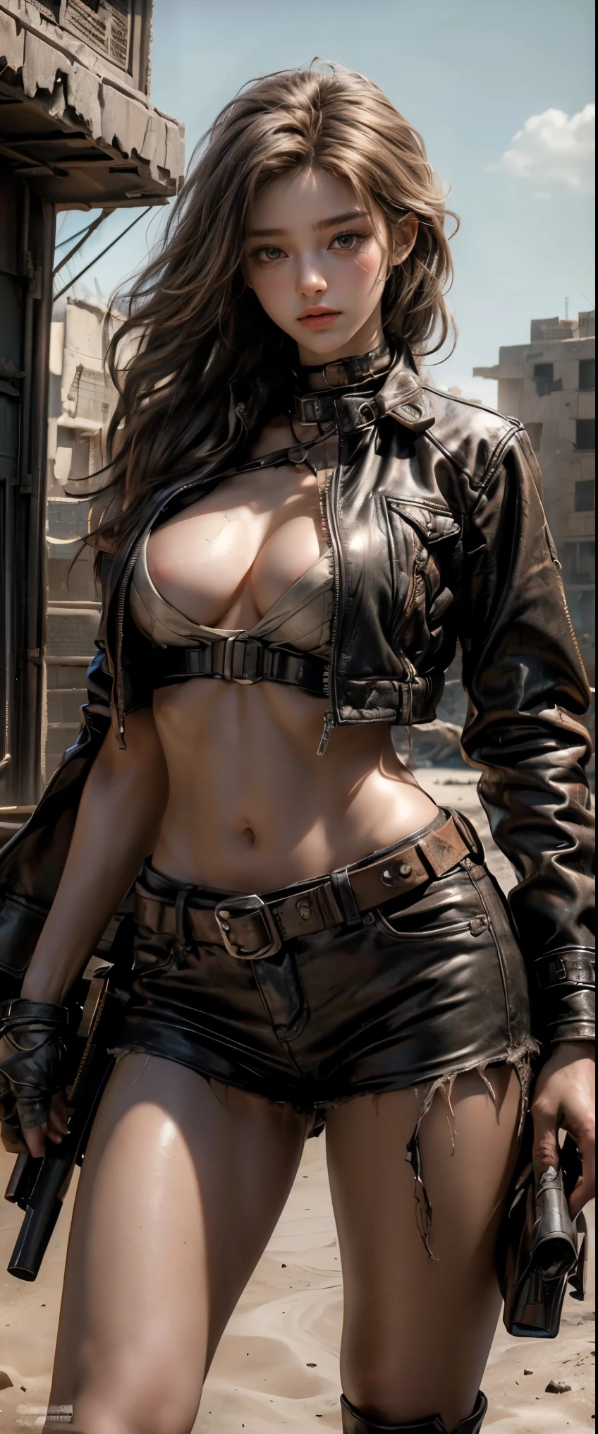 ((masterpiece, highest quality, Highest image quality, High resolution, photorealistic, Raw photo, 8K)), ((Extremely detailed CG unified 8k wallpaper)), (huge stunning goddess shot, very hot and sexy, jaw-dropping beauty, perfect proportions, beautiful body, slim body beauty:1.4), Post-Apocalyptic Wasteland, The world of Mad Max, she wears a leather jacket over his bare skin and holds a shotgun, She has harnesses and bandages all over her body, Collapsed buildings are being swallowed by the desert, Ruins hazed with dust and sand,
