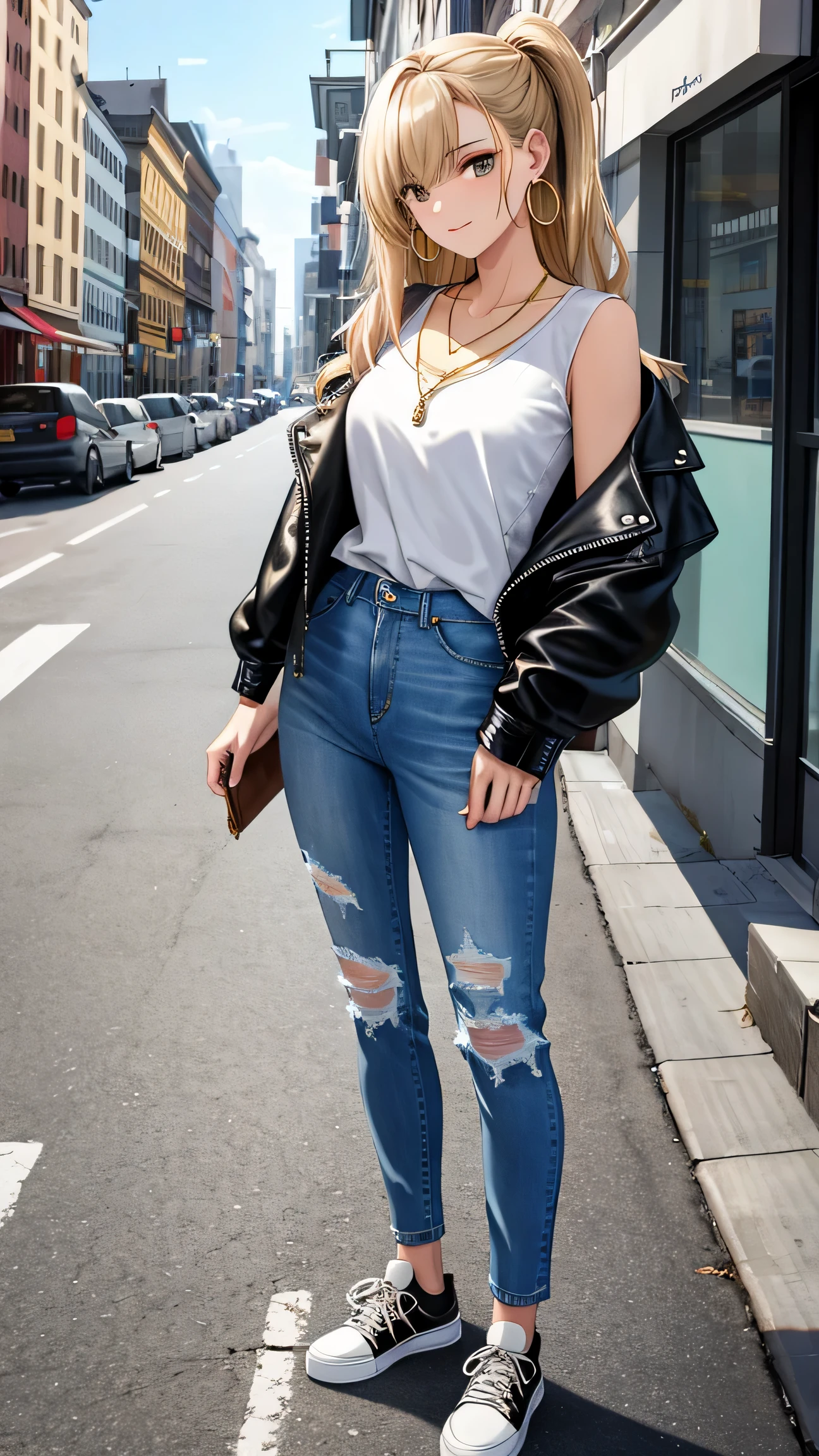 Very detailed, high quality, masterpiece, 1 female, upright, (Casual wear: 1.1), (Split), White T-shirt, Blue Jeans, sneakers, Black leather jacket draped over shoulders, (accessories: 1.2), Gold Hoop Earrings, Brown leather watch, Natural Makeup, A faint smile, Please fold your arms in front of her., (City view: 0.9), Buildings and people in the background々, Outdoor, sunny.