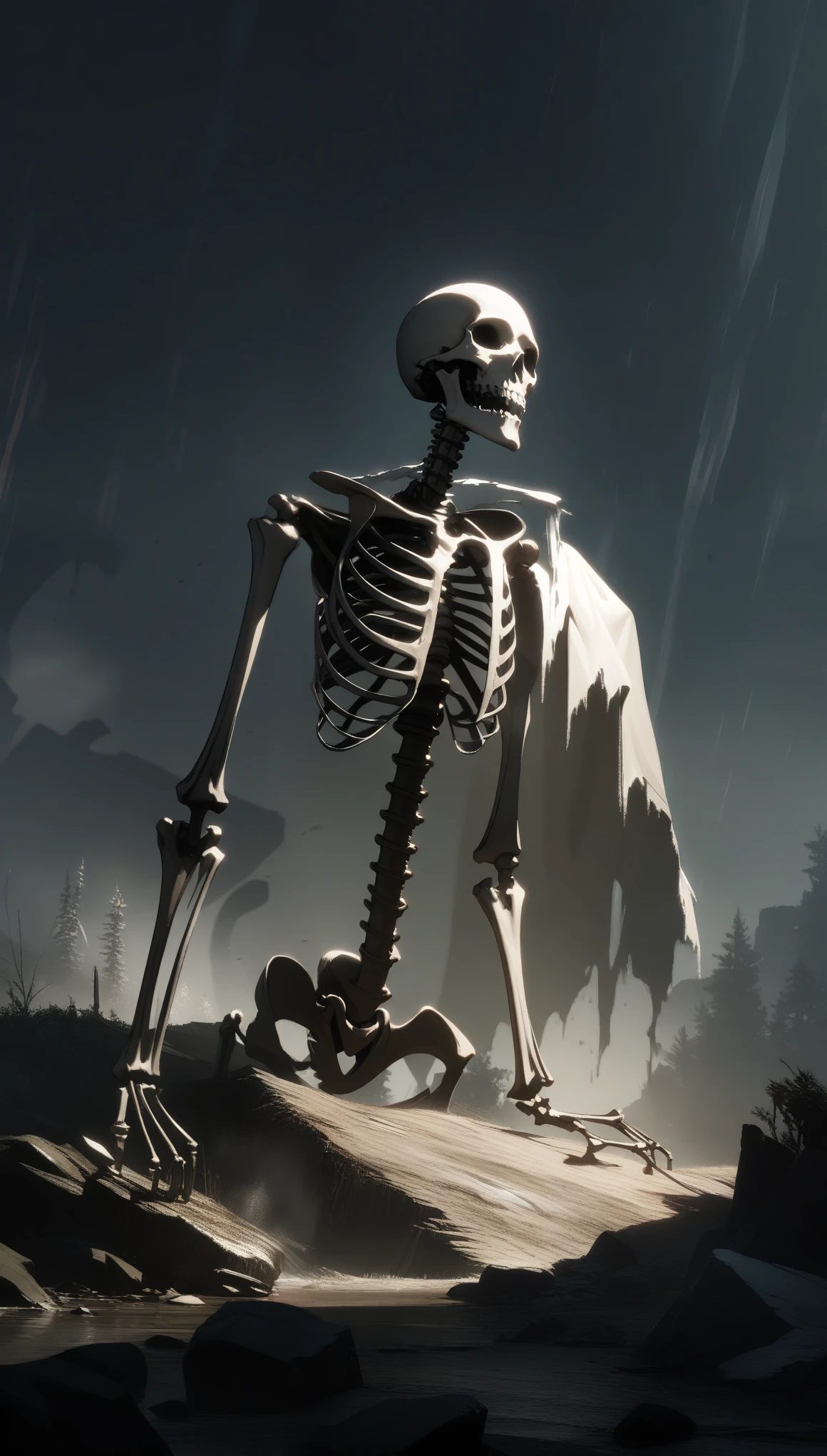 32k, best quality, ultra high res, HDR, UHD, extremely detailed CG, unity 32k wallpaper, (masterpiece, highest quality:1.3), High resolution, (8k resolution), (非常にdetailedな肖像画:1.1), stop-motion, Horror, Outdoor, No humans, scenery, Realistic, (detailed:1.2), Volumetric lighting, Skeleton, ghost, Bloodstain,