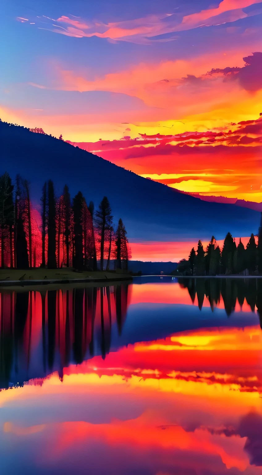 Beautiful sunset，Lakes and trees in the background, Colorful sky, Surreal colors, colorful sunset, Colorful sky, Marvelous sky reflection, Stunning sky, dream like atmosphere 8k, Colorful Clouds, Colors reflected on the lake, surreal sky, red and blue reflections, Fire reflection, Beautiful sky, Beautiful and spectacular dusk, Beautiful dreamy landscape, Stunning sky