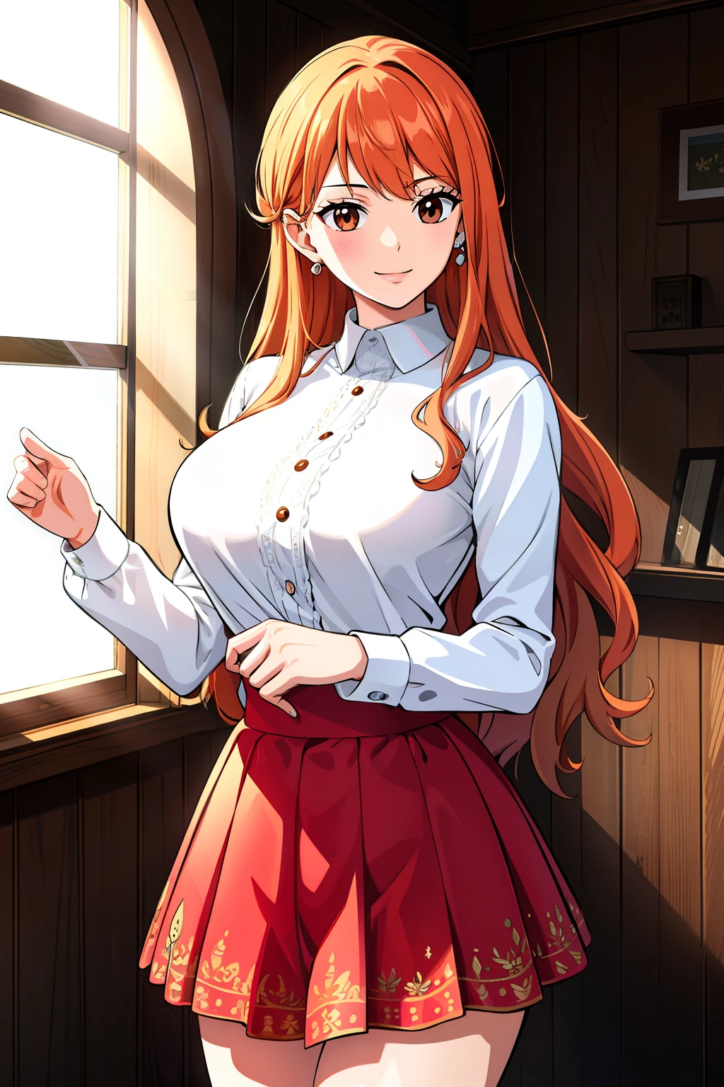 masterpiece, ((ultra detailed background, delicate pattern, intricate detail)), (highly detailed, fine details), best quality, beautiful lighting, ((large breasts, slim girl)), NamiFinal, ((white shirt, red skirt)), simple shirt, 1girl, orange hair, solo, long hair, jewelry, brown eyes, smile, earrings, covered shoulders, (complex detailed background, inside, room environment, wooden walls, window, light rays), (cowboy shot),  