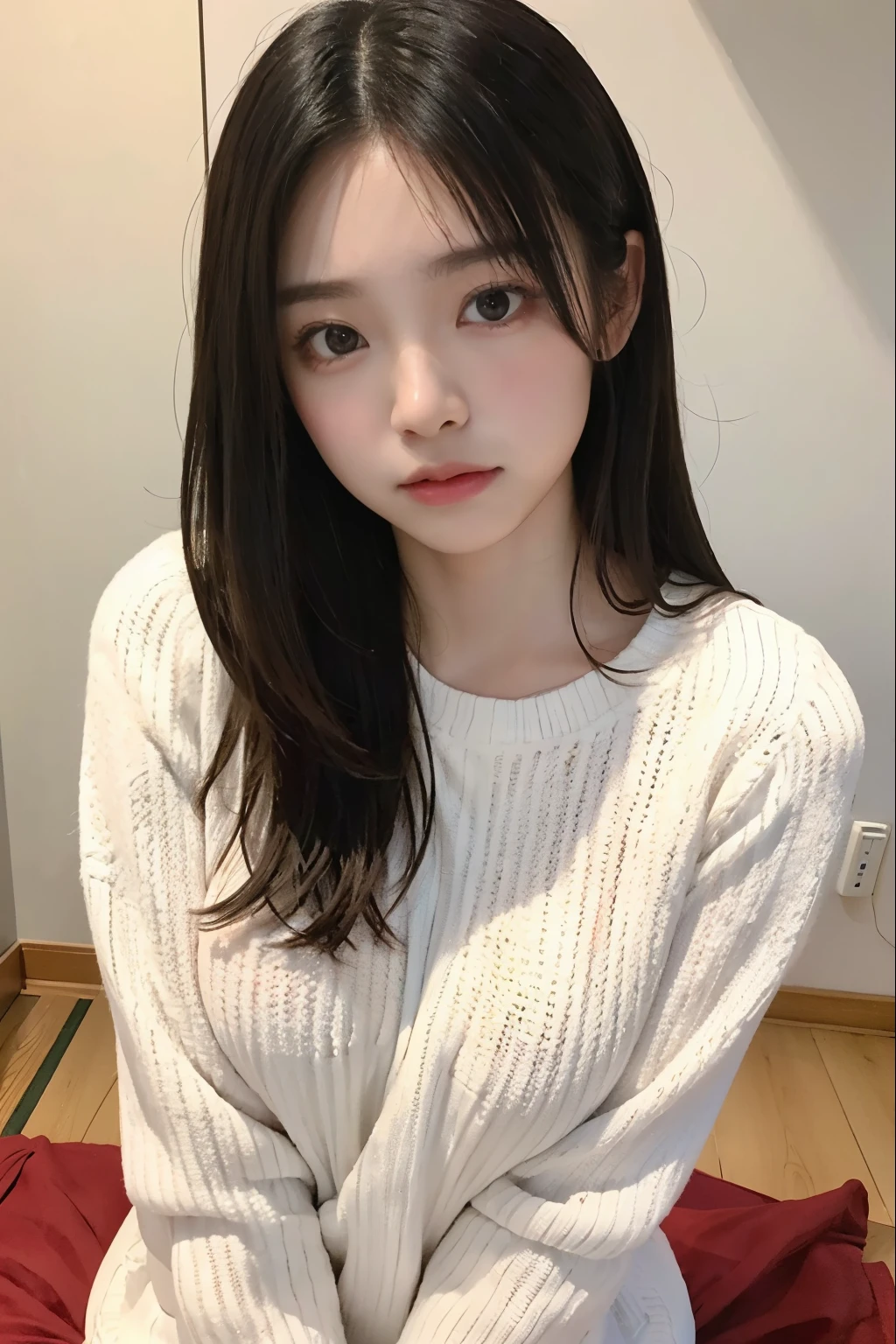randome pose、top-quality、超A high resolution、(Photorealsitic:1.5)、1 girl、Sweaters、(The long-haired:1.2)、(huge-breasted:1.2)、ryokan、looking at viewert、a closeup、full body Esbian、Nasty eyes、embarassed face