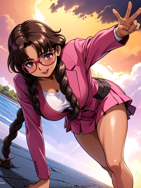 smile,View your viewers,A dark-skinned woman rolling up her skirt,suit,From below,street,Ayumi_arima,Long Hair,brown hair,25-year-old woman, Single Pigtail,Pink Lip, Glasses,pink suit,1 braid, 