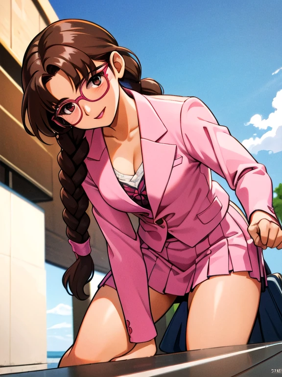 smile,View your viewers,A dark-skinned woman rolling up her skirt,suit,From below,street,Ayumi_arima,Long Hair,brown hair,25-year-old woman, Single Pigtail,Pink Lip, Glasses,pink suit,1 braid, 