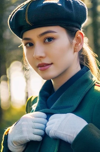 Beautiful young japanese pretty soldier woman, military hairstyle blonde hair, military hat, gloved hands, dark red uniform with black details, wears a pistol, belt with ammunition and transmitter, military boots, standing in a Polish forest, snowy day, red sky, 4k, Ultra detailed image, realistic, Highly detailed, perfect composition, splendid, Intricately detailed, incredibly detailed, Art photography 8K, hyper detailed, Masterpiece, Ultra detailed, hyper realistic, 4k, Ultra detailed image, realistic, Highly detailed , perfect composition, splendid, Intricately detailed, incredibly detailed, 8k fine art photography, hyper detailed, Masterpiece, super tits, exposed nipple, 