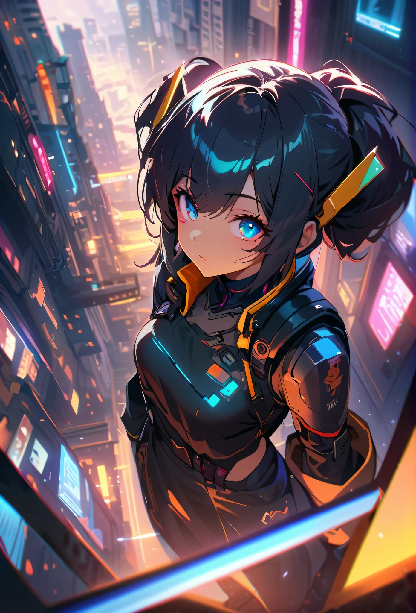 a girl, whole body, clear facial features, amazing facial features, beautiful eyes, Chinese clothing, Chinese cyberpunk, Cyberpunk City Headgear, hair accessories, Super complex design, mechanical armor, science and technology, stunning lighting, C4D, Overclocked rendering, Cinematic edge light, fine light, masterpiece, Super details, epic work, ultra high definition, high quality, 32k