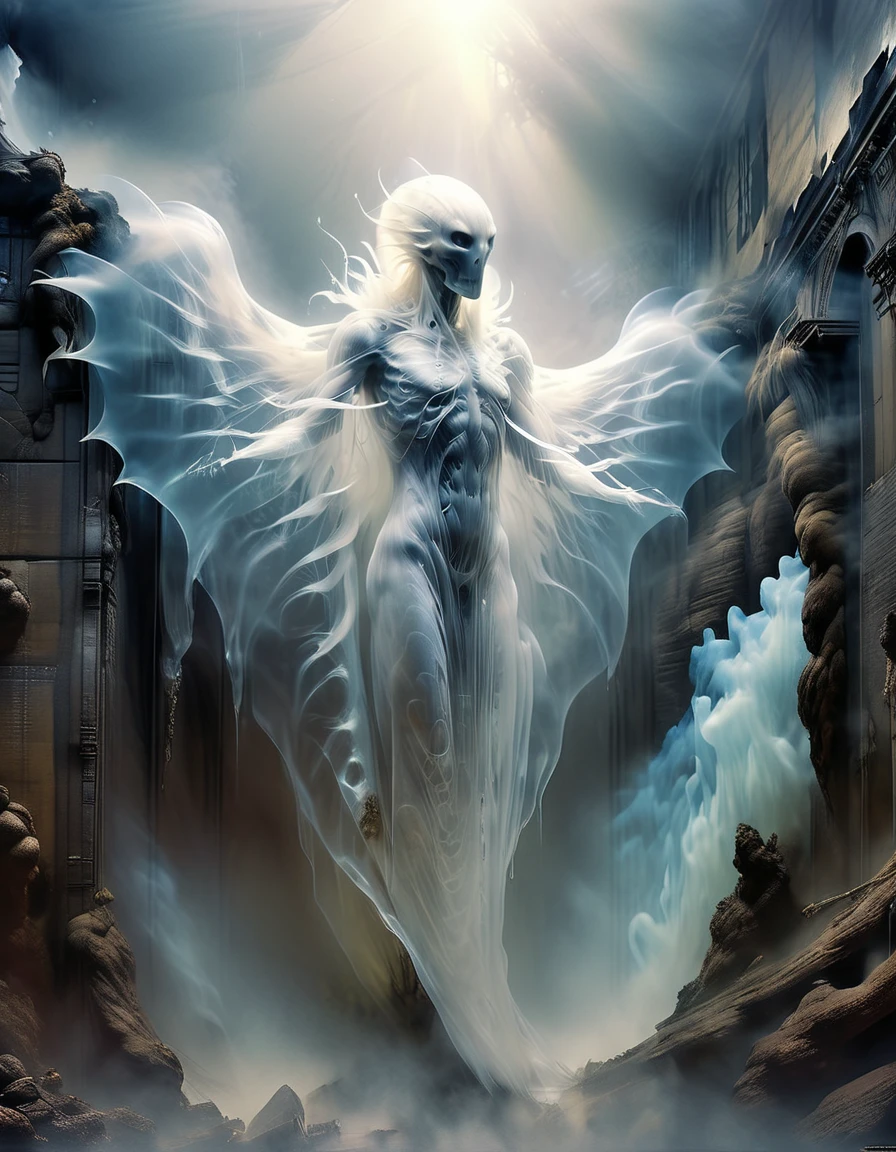 look up, Giant creatures/Giant creaturess, Giant creatures (Giant transparent alien creature), This creature is tall, Put on a hood, And a sturdy body covered with a lot of white and black mist, thick FOG, Biochemical Mutation Nucleus, weird, bioluminescent, Kistav Beksinski, Hejig, Webbed tentacles, Rudimentary Wings, Erratic, wrinkle, Micro-organisms, phosphorescence, Scaly, camouflage, Translucent resin wave style, bryce 3d, Mural style composition, Weathering Materials, luminescent,
background: ice age,The huge ice wall remains standing, Very detailed, Surreal, 3D Rendering, Complex mesh, light box, Made of feathers, new york bombing report, Interesting character design, Bokeh, dense FOG, FOG,
From below, upside down, Chiaroscuro, Ultra HD, masterpiece, Super Detail, High Detail, high quality, The award-winning, best quality, , 16K,