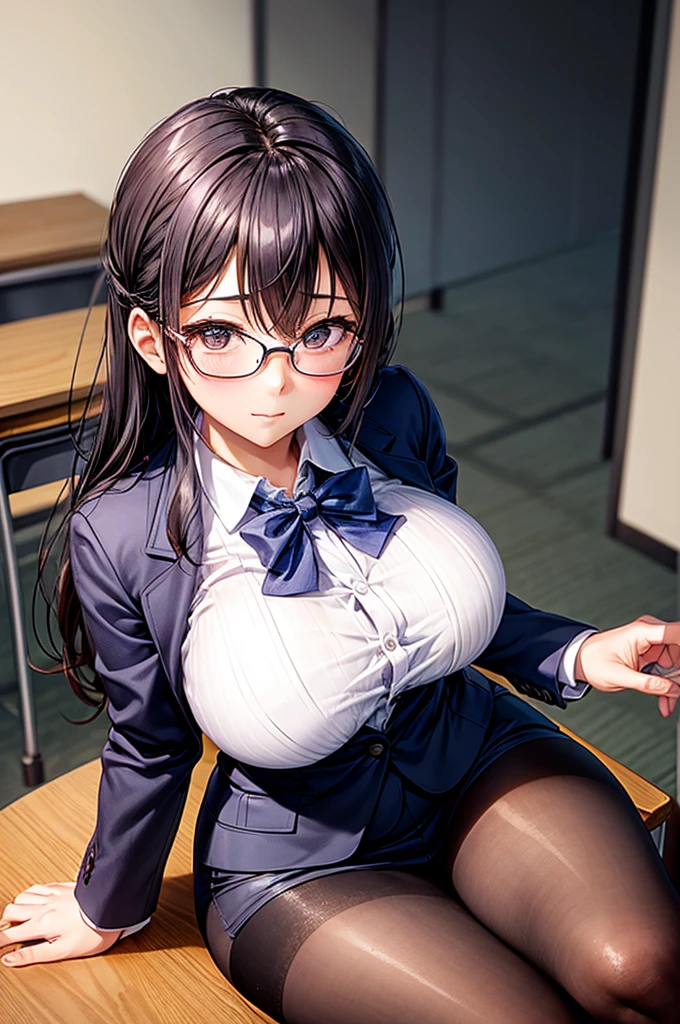arafed woman in a suit posing in a classroom, sitting on a desk, oppai, on a desk, full subject in shot, in a classroom, sat at her desk, fully dressed, japanese goddess, well - dressed, seductively looking in front, as a strict school teacher ), smooth in _ the background, in strict suit, seductive lady, librarian
