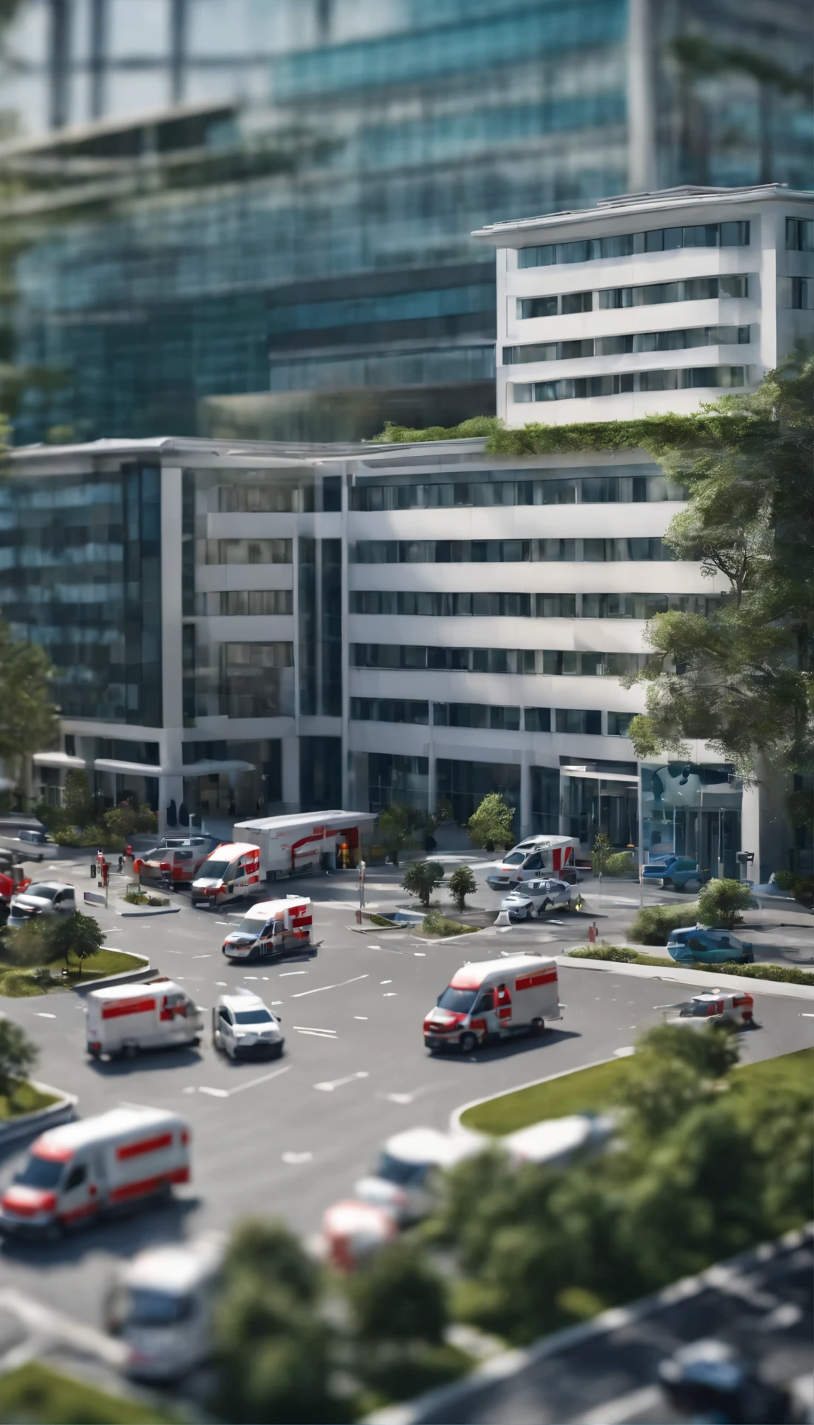 Tilt Shift,Crossroads Hospital during the day,ambulance,Busy rescue scene,Doctors gathering,Macro Photography by Miki Asai,close up,Hyper-detailed,Busy scene,White coat,First aid equipment,Energetic,Medical staff,Focus on your work,Shuttle back and forth,Life saving,Medical coverage,White background,3D,Super Detail